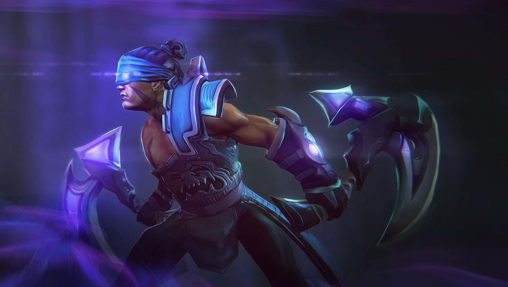 Anti-Mage, glowing blue armor, twin curved blades, HD Desktop Wallpaper