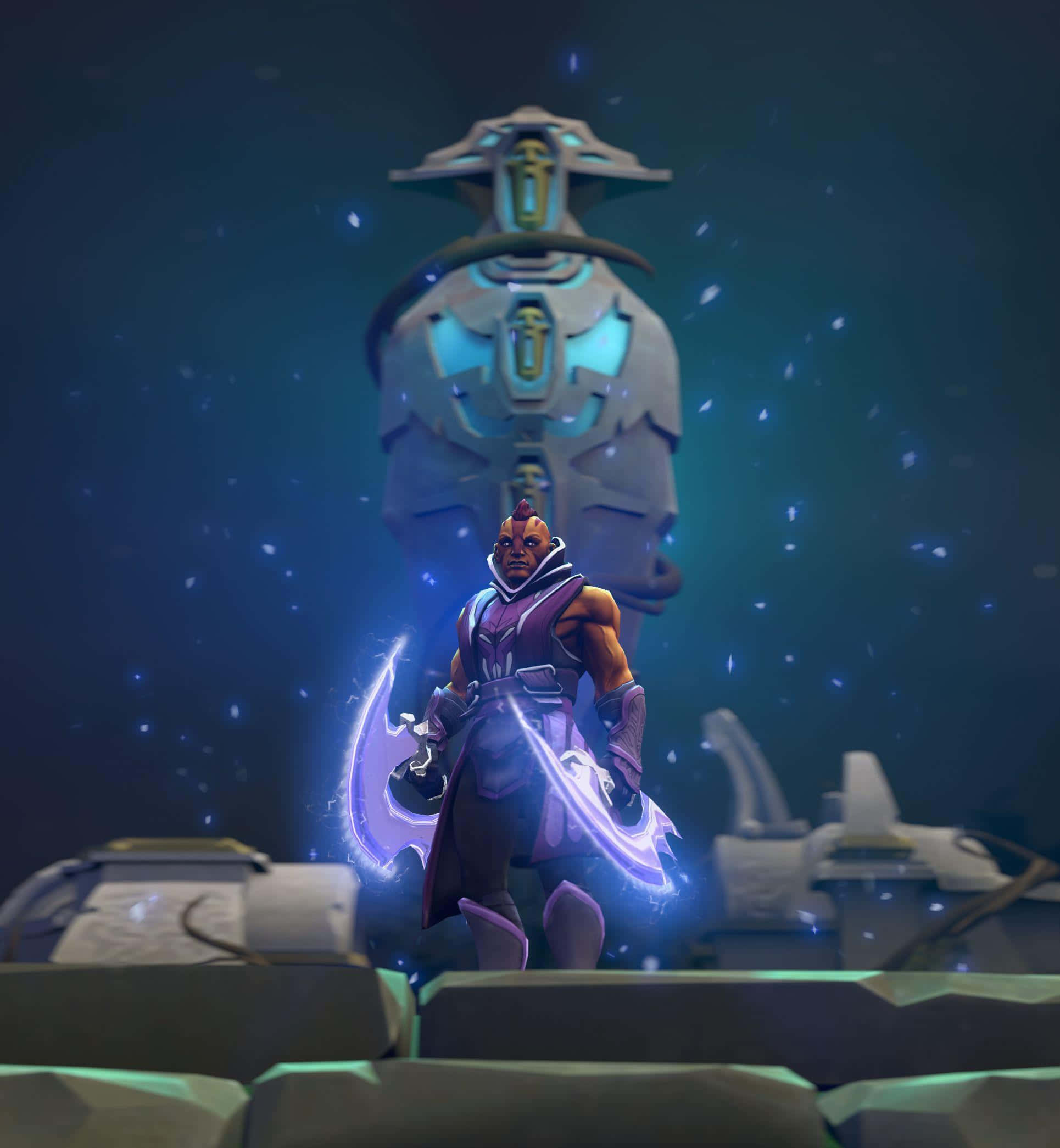 Anti-Mage, glowing purple blades, towering alien structure, Full HD Phone Wallpaper
