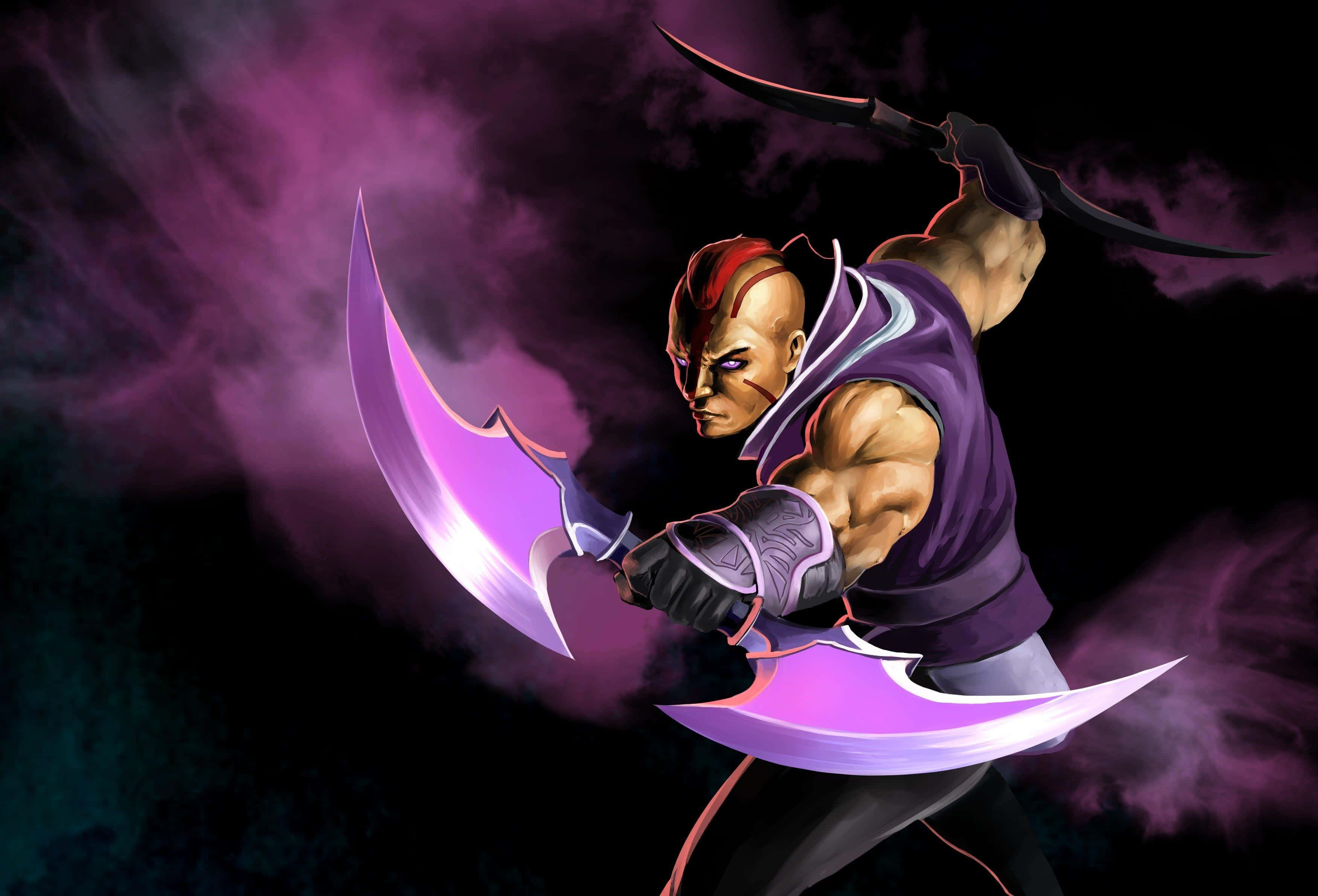Anti-Mage, red hair, glowing purple scimitars, 2K Desktop Wallpaper