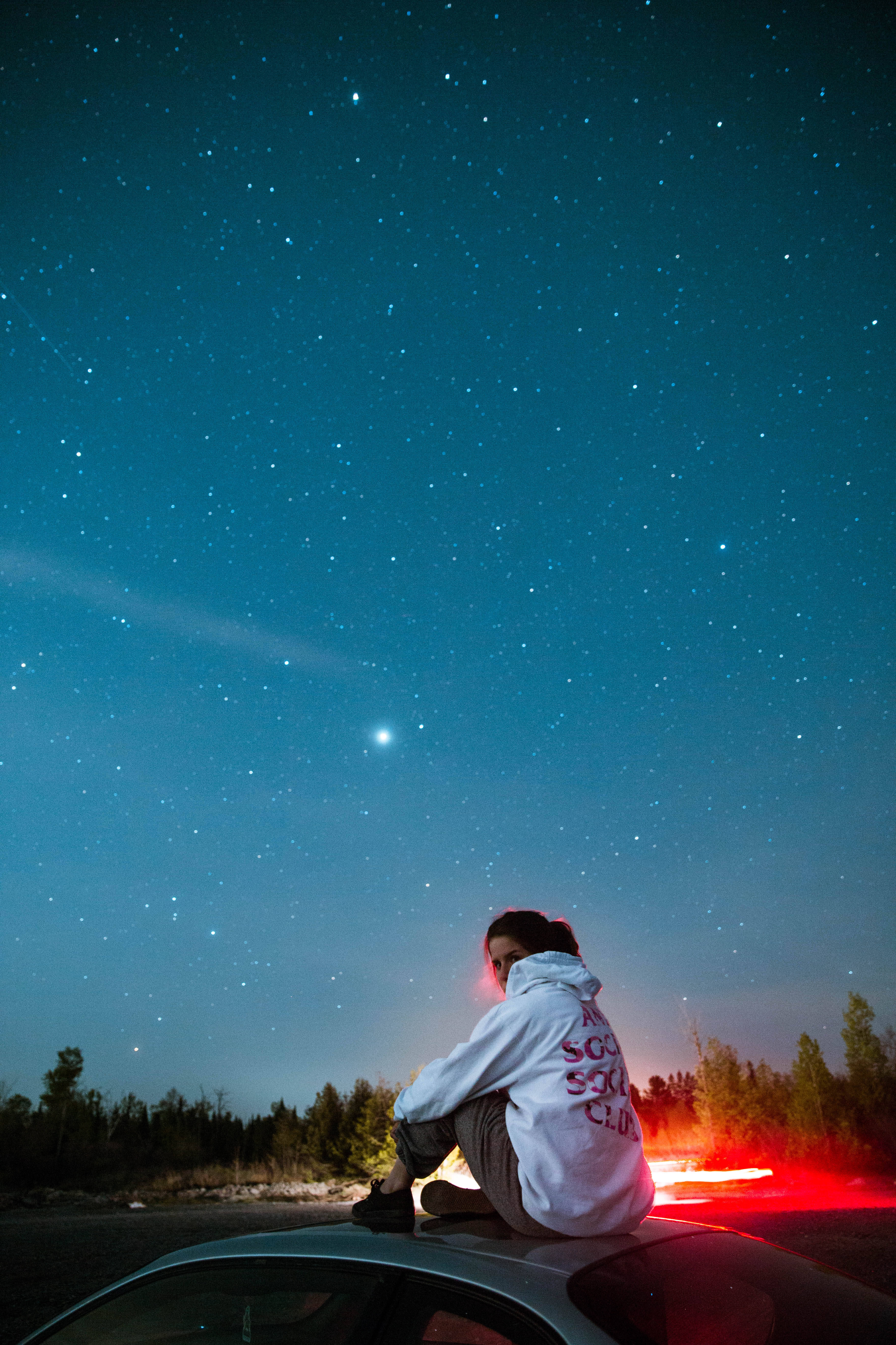 Anti Social Social Club, starry night sky, glowing red taillight trail, 5K Phone Wallpaper