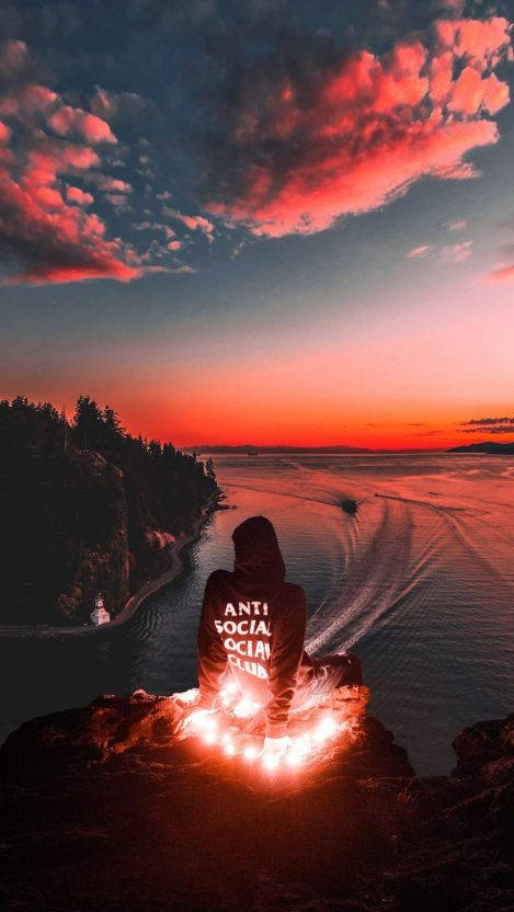 Anti Social Social Club, hooded figure, cliff edge, SD Phone Wallpaper
