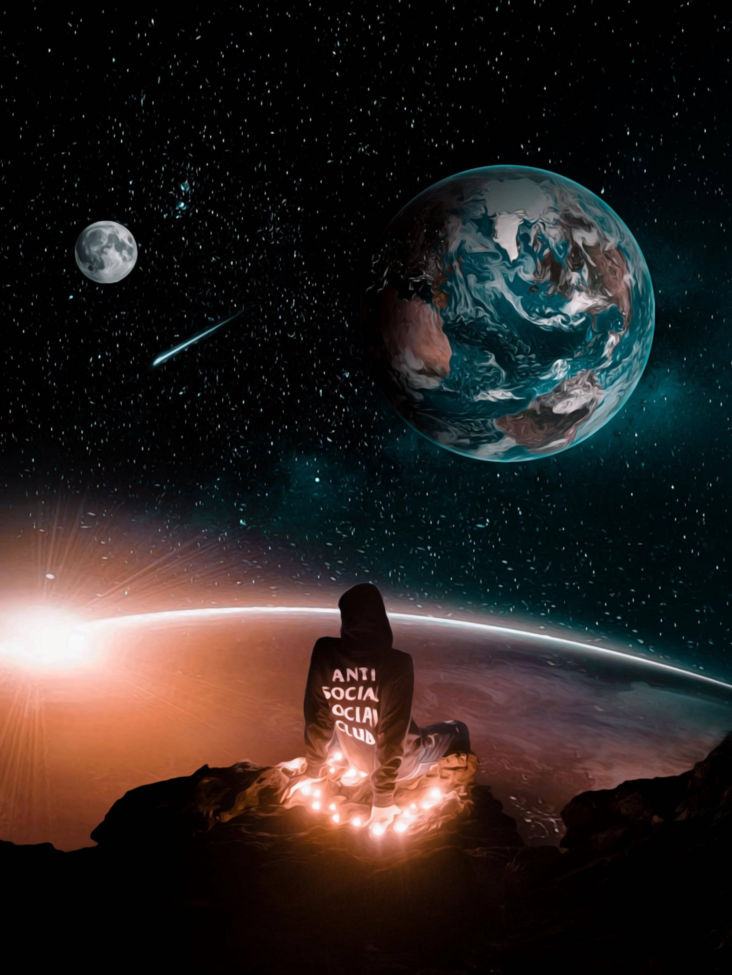 Anti Social Social Club, outer space, hooded figure, 2K Phone Wallpaper