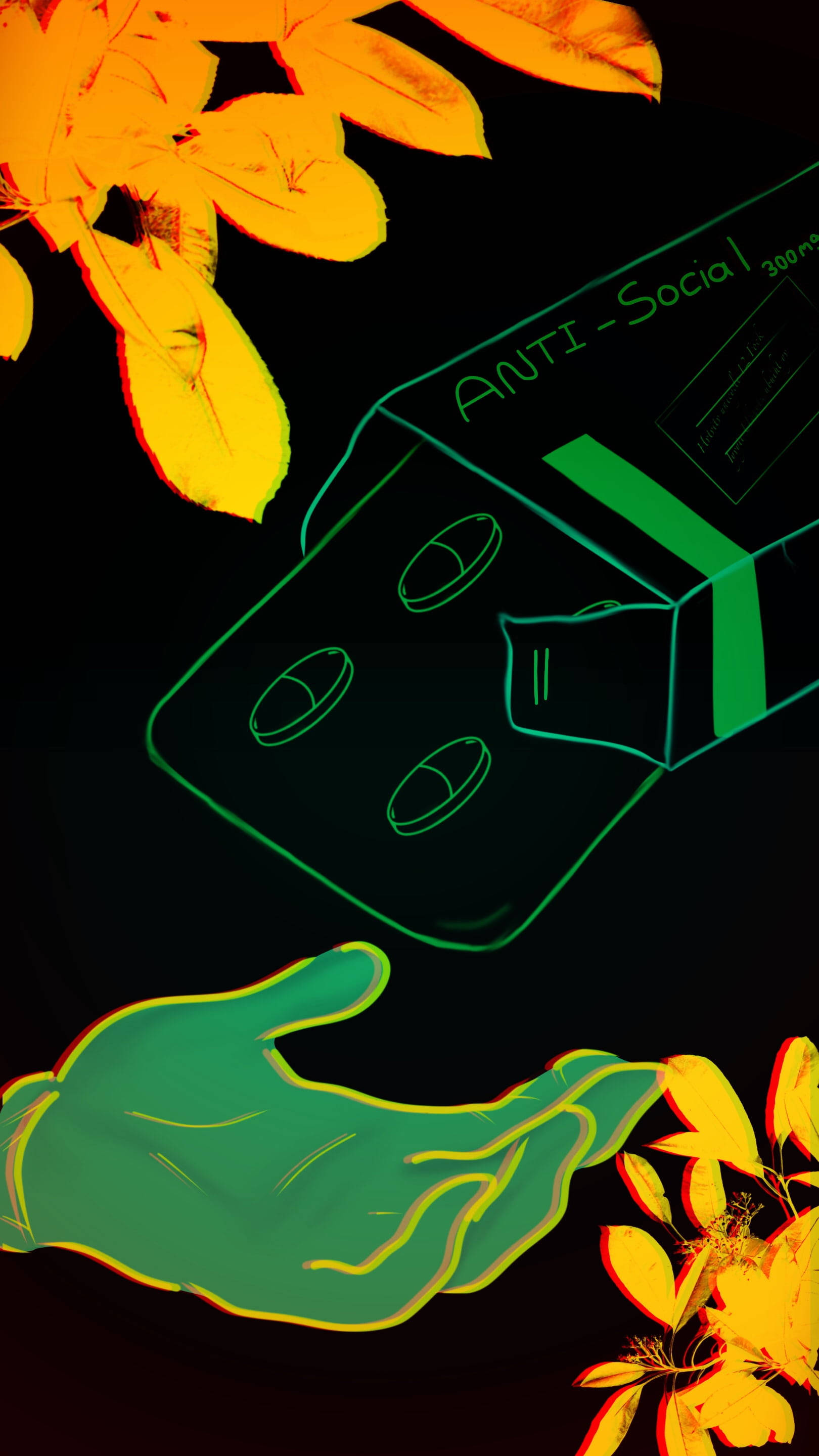 Anti Social Pill Drawing, glowing green hand, glowing green pillbox, 2K Phone Wallpaper
