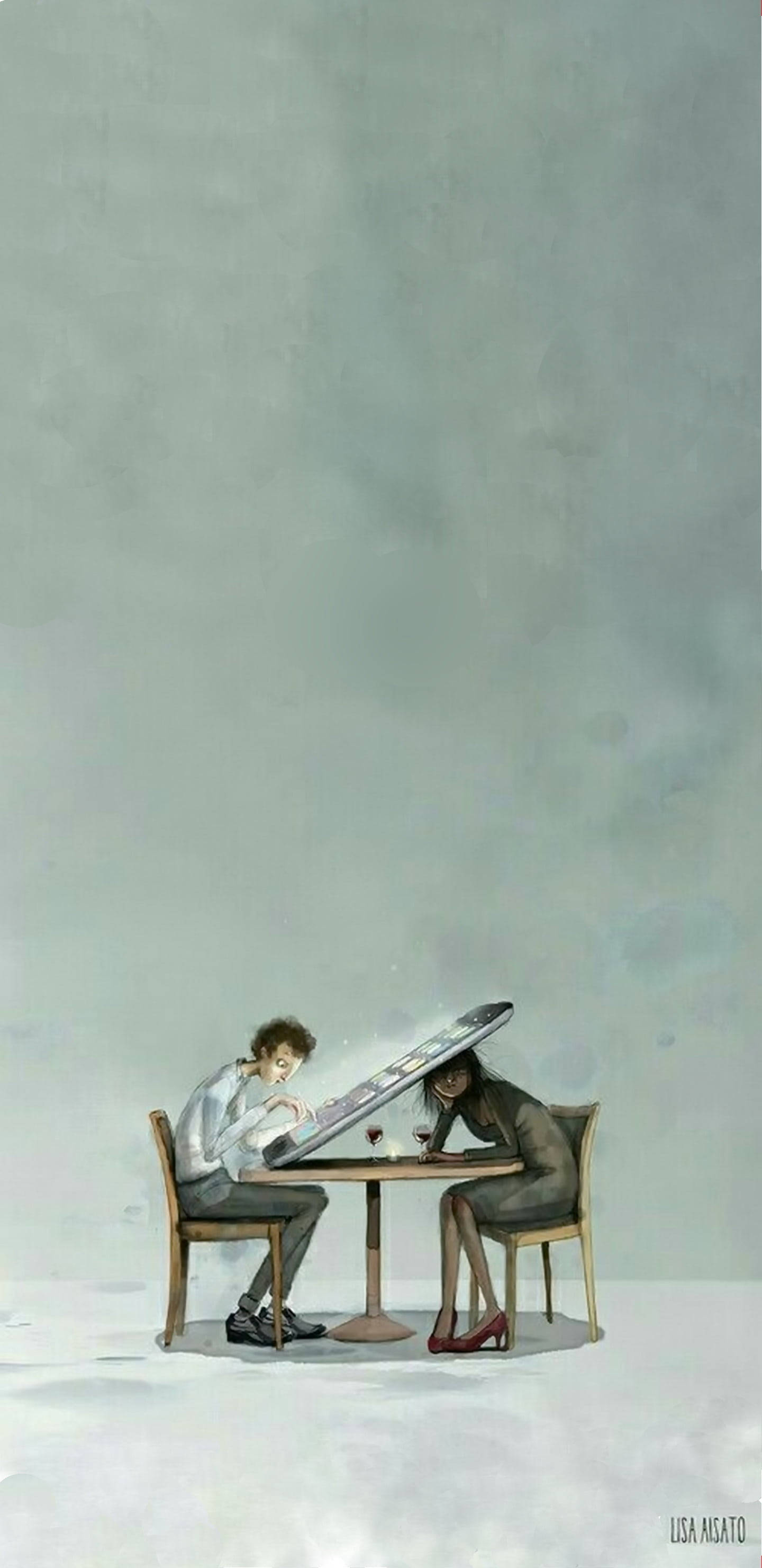 Anti Social Cartoon, minimalist white room, small table, 2K Phone Wallpaper