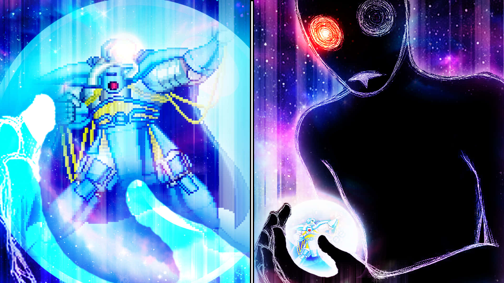 Anti Spiral, glowing blue sphere, shadowy cosmic figure, Full HD Desktop Wallpaper