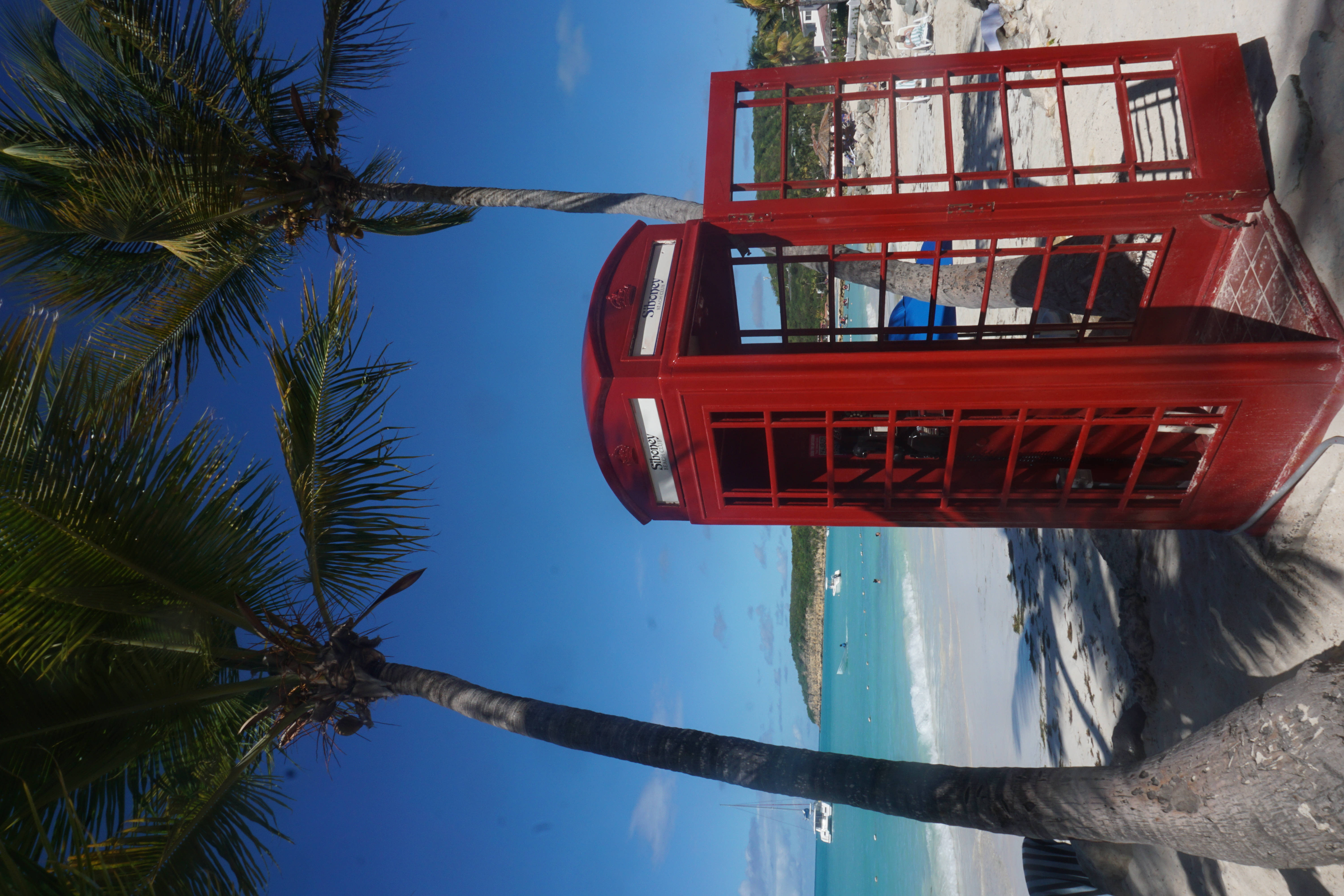 red phone booth, Antigua And Barbuda, tropical beach, 5K Desktop Wallpaper