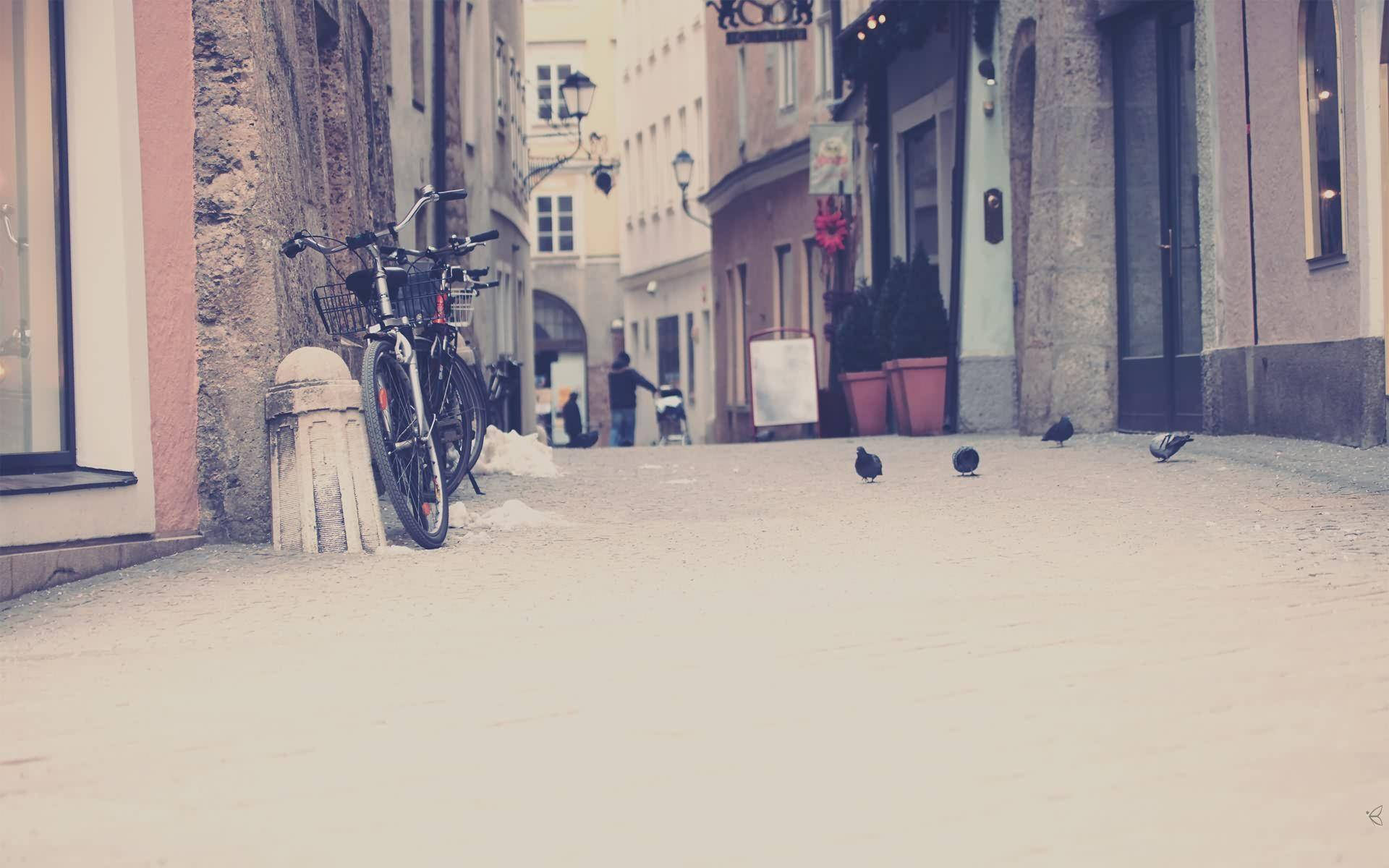 cobblestone alleyway, parked bicycles, pigeons foraging, Full HD Desktop Wallpaper