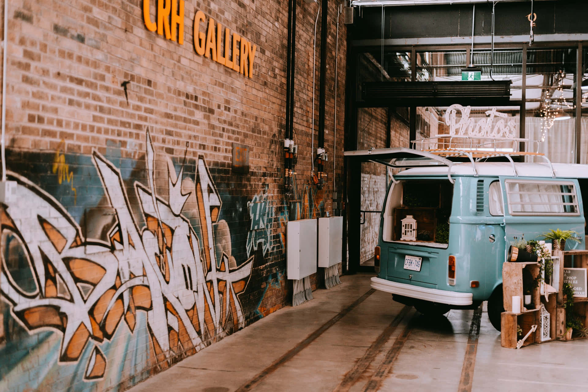vintage van, turquoise, graffiti-covered brick wall, Full HD Desktop Wallpaper
