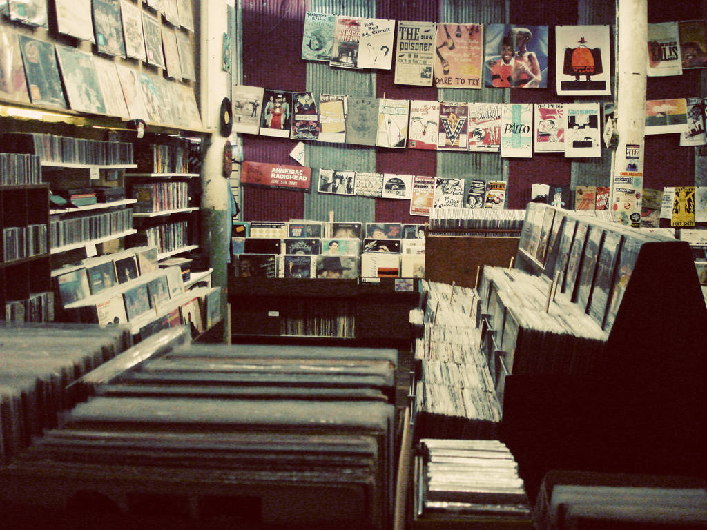 old music store, vinyl albums, retro music posters, SD Desktop Wallpaper