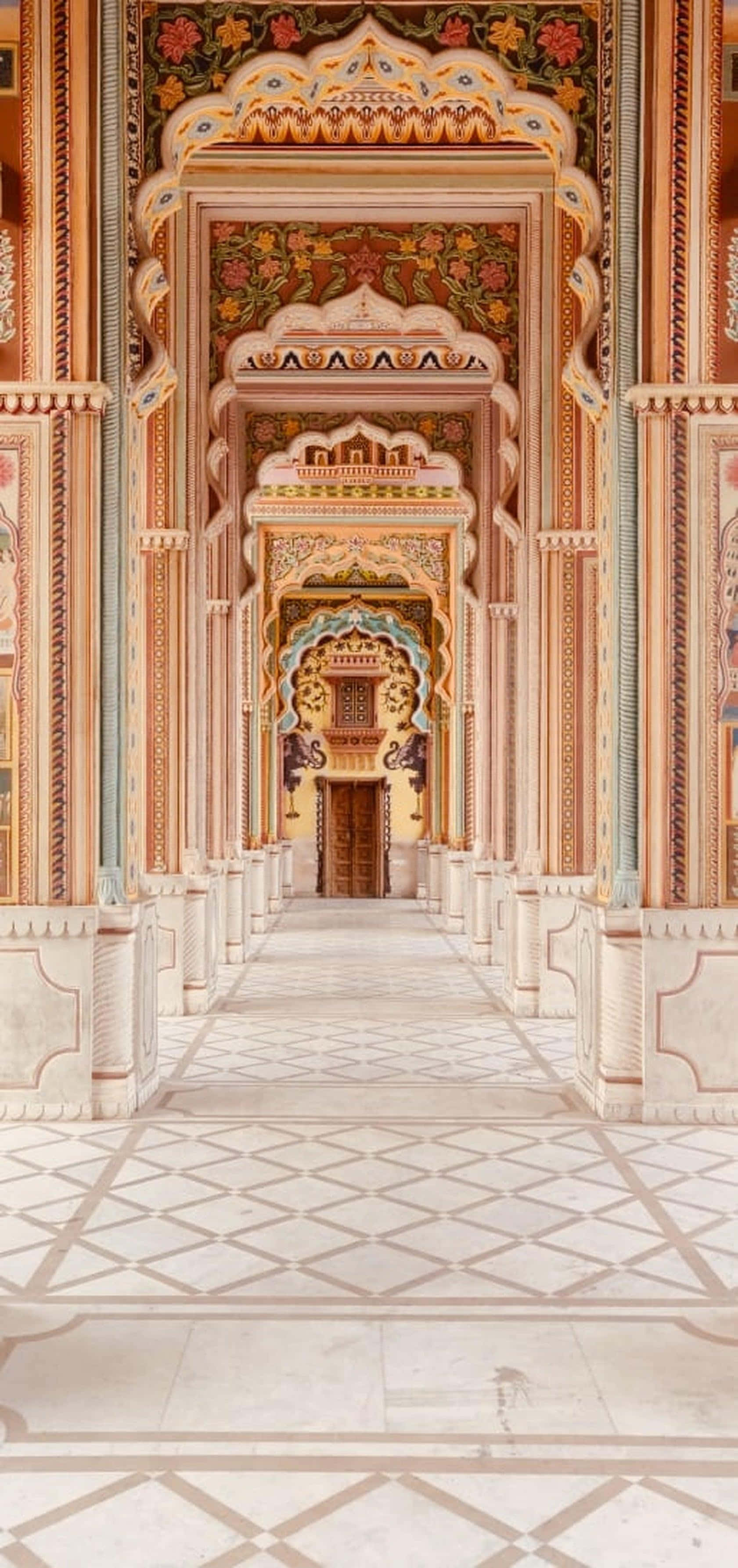 ornate palace corridor, arched doorways, floral frescoes, 2K Phone Wallpaper