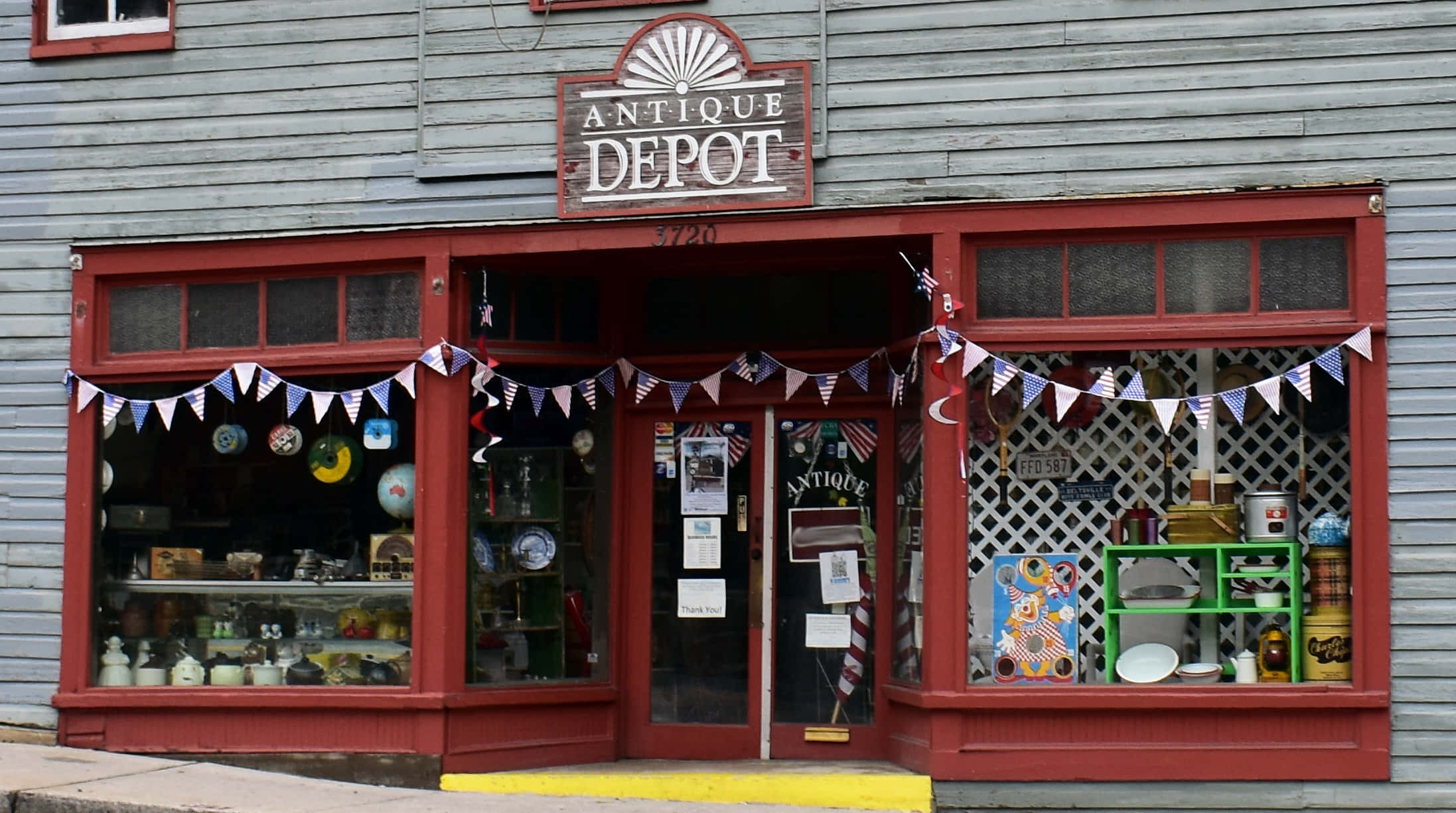 antique shop, red trim, patriotic bunting, Full HD Desktop Wallpaper
