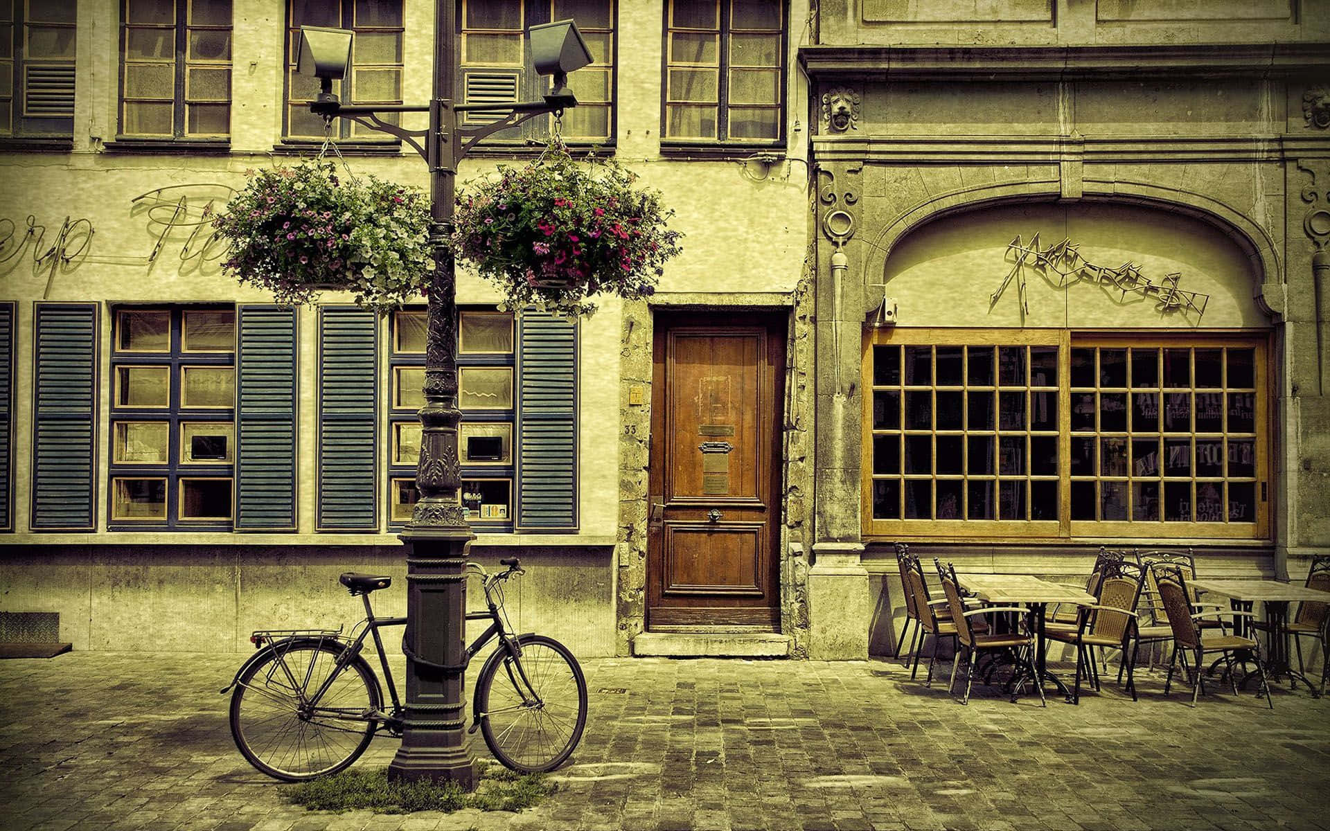vintage bicycle, lamppost, hanging flower baskets, Full HD Desktop Wallpaper