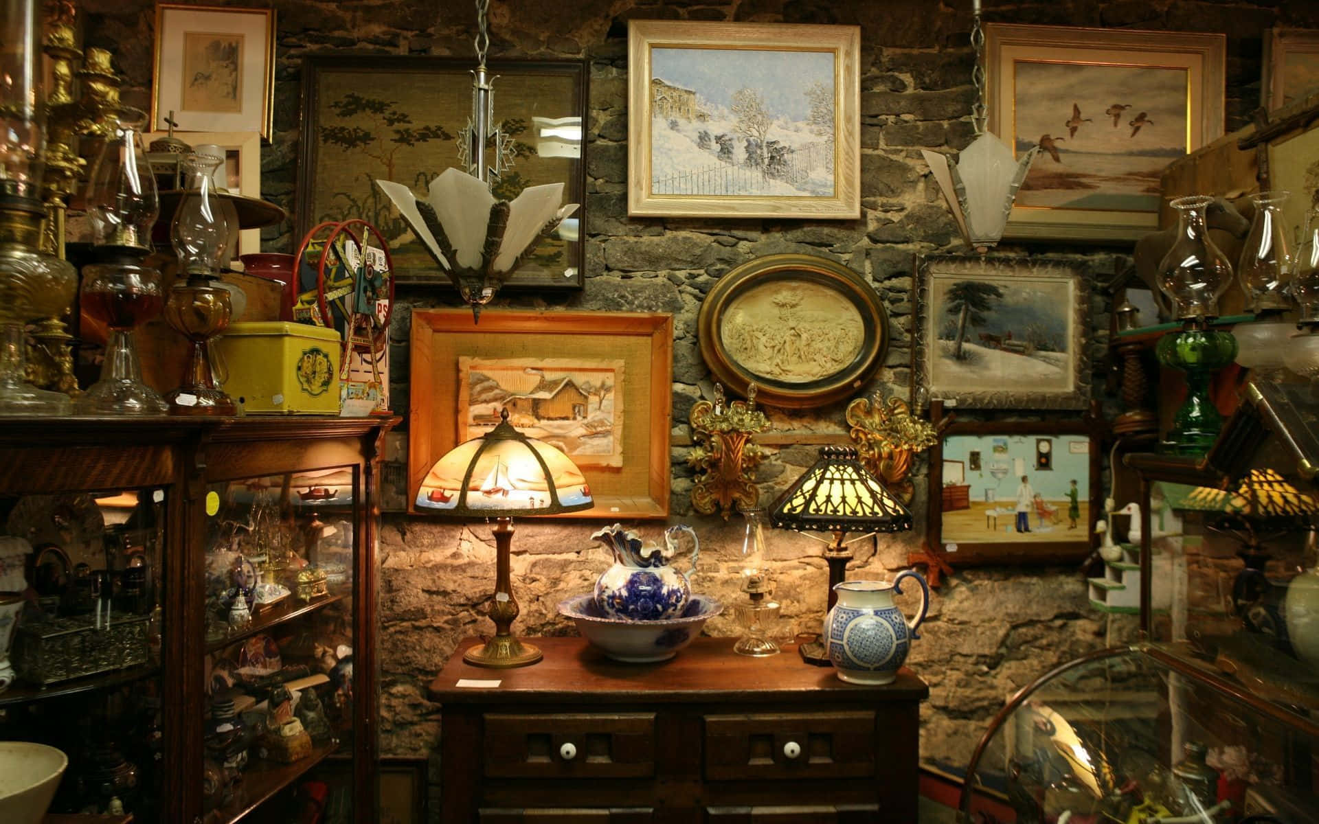 vintage shop, antique lamps, ceramics, Full HD Desktop Wallpaper