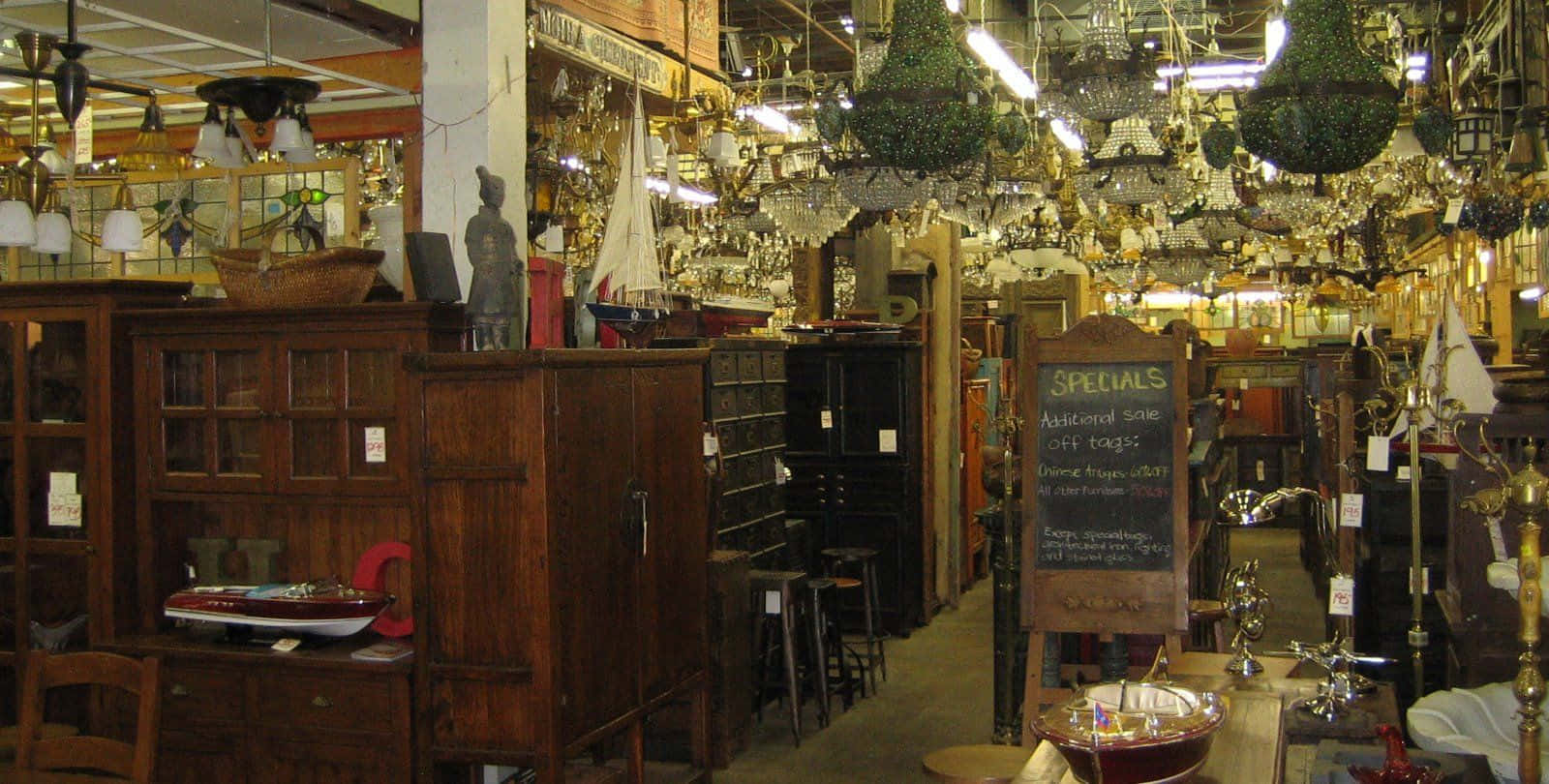 antique shop, wooden furniture, hanging chandeliers, HD Desktop Wallpaper