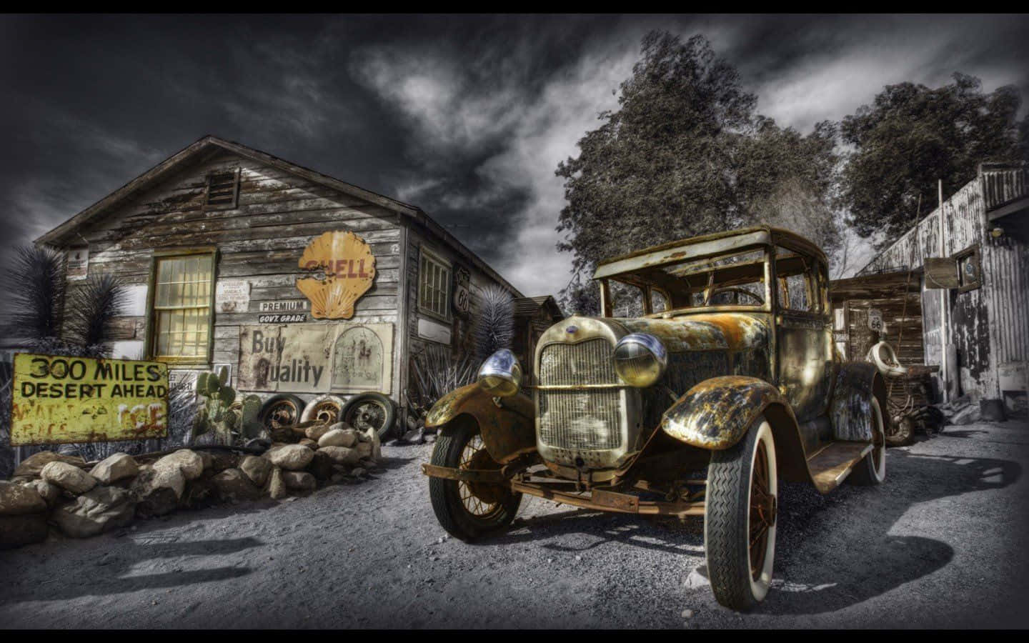 vintage car, dilapidated gas station, stormy desert sky, HD Desktop Wallpaper
