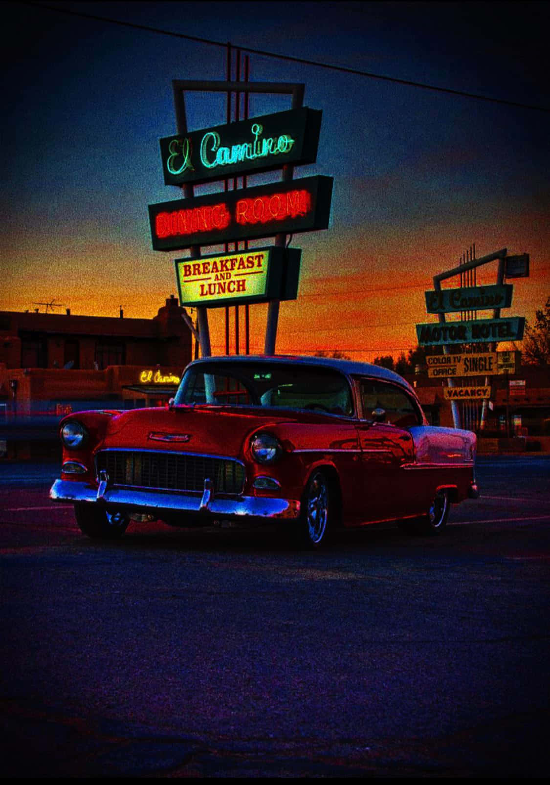 vintage red car, neon signs, roadside motel, HD Phone Wallpaper
