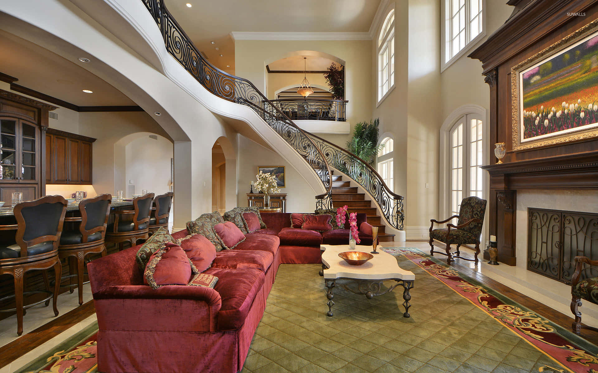 two-story foyer, sweeping staircase, red velvet sofa, Full HD Desktop Wallpaper