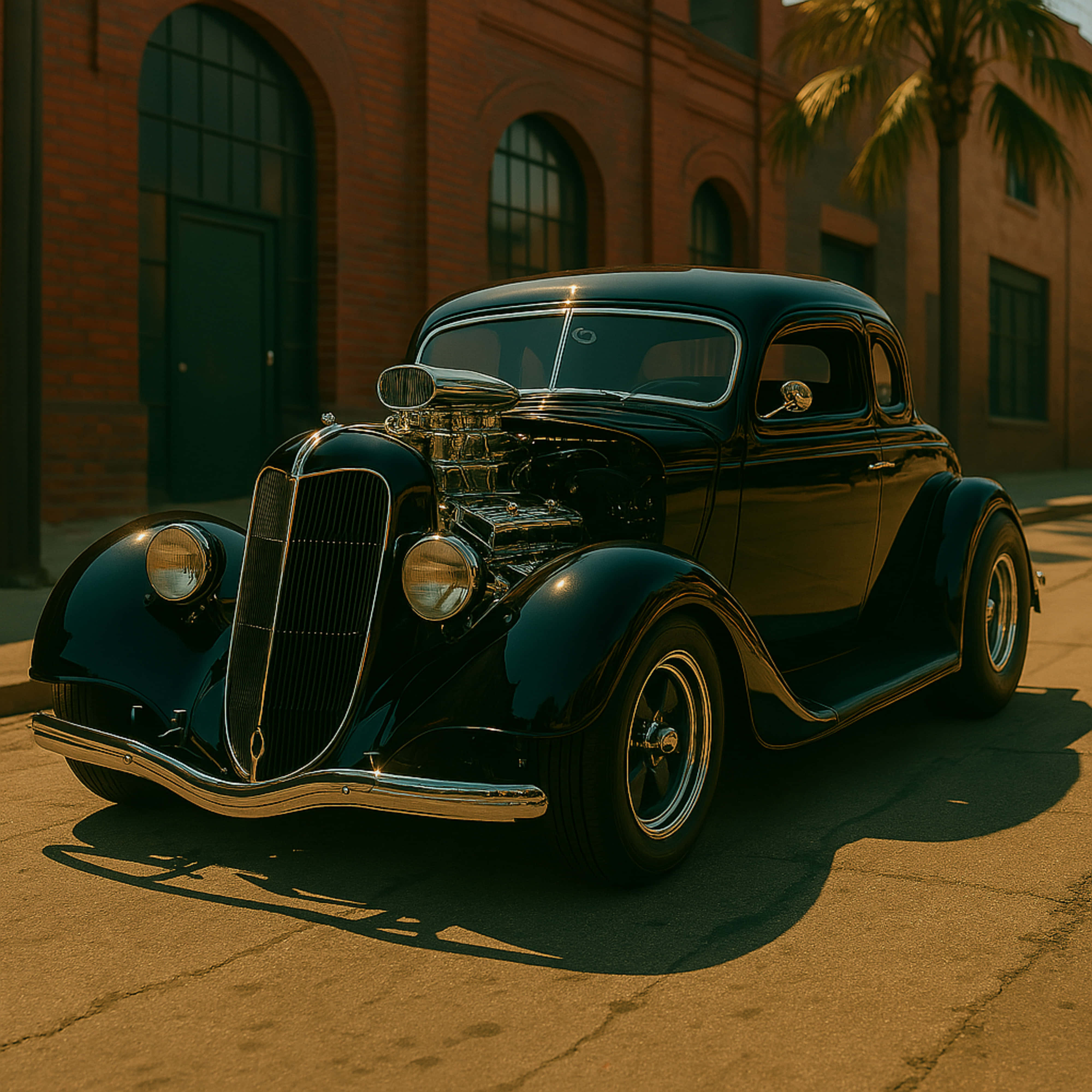 glossy black, classic hot rod, exposed chrome engine, 4K Desktop Wallpaper