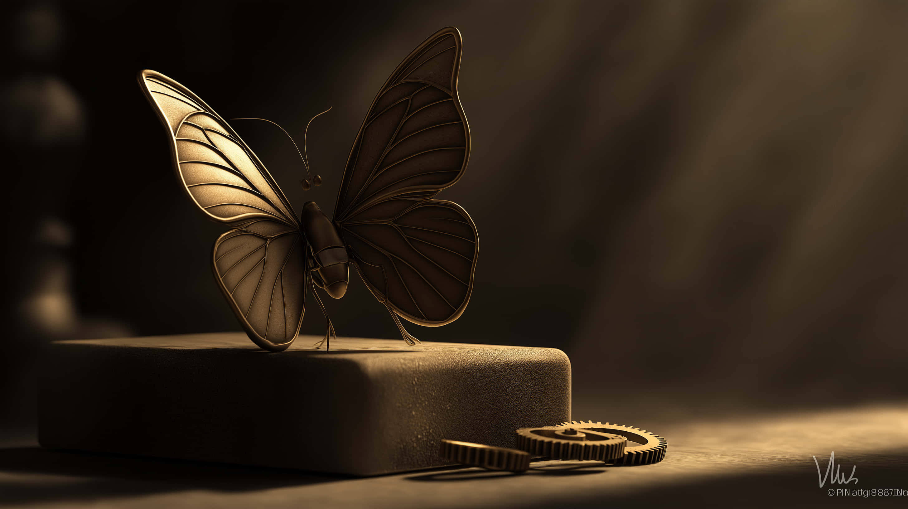 steampunk butterfly, intricate wing veins, stone block, 2K Desktop Wallpaper