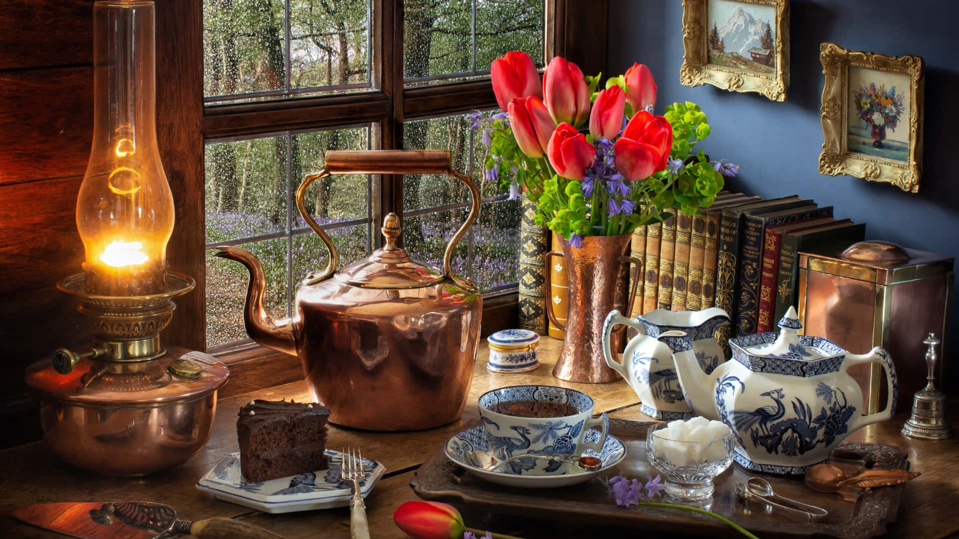 antique copper and porcelain collection, copper kettle, oil lamp, Full HD Desktop Wallpaper