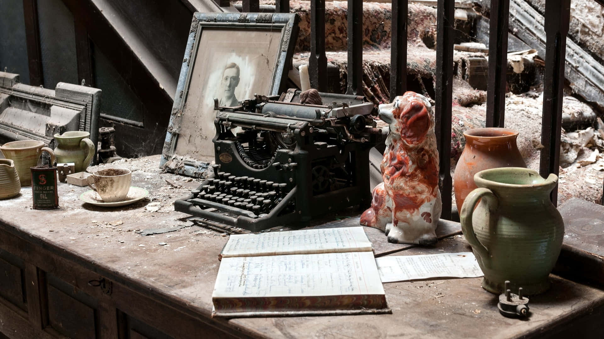 vintage typewriter, framed portrait, ceramic dog, Full HD Desktop Wallpaper