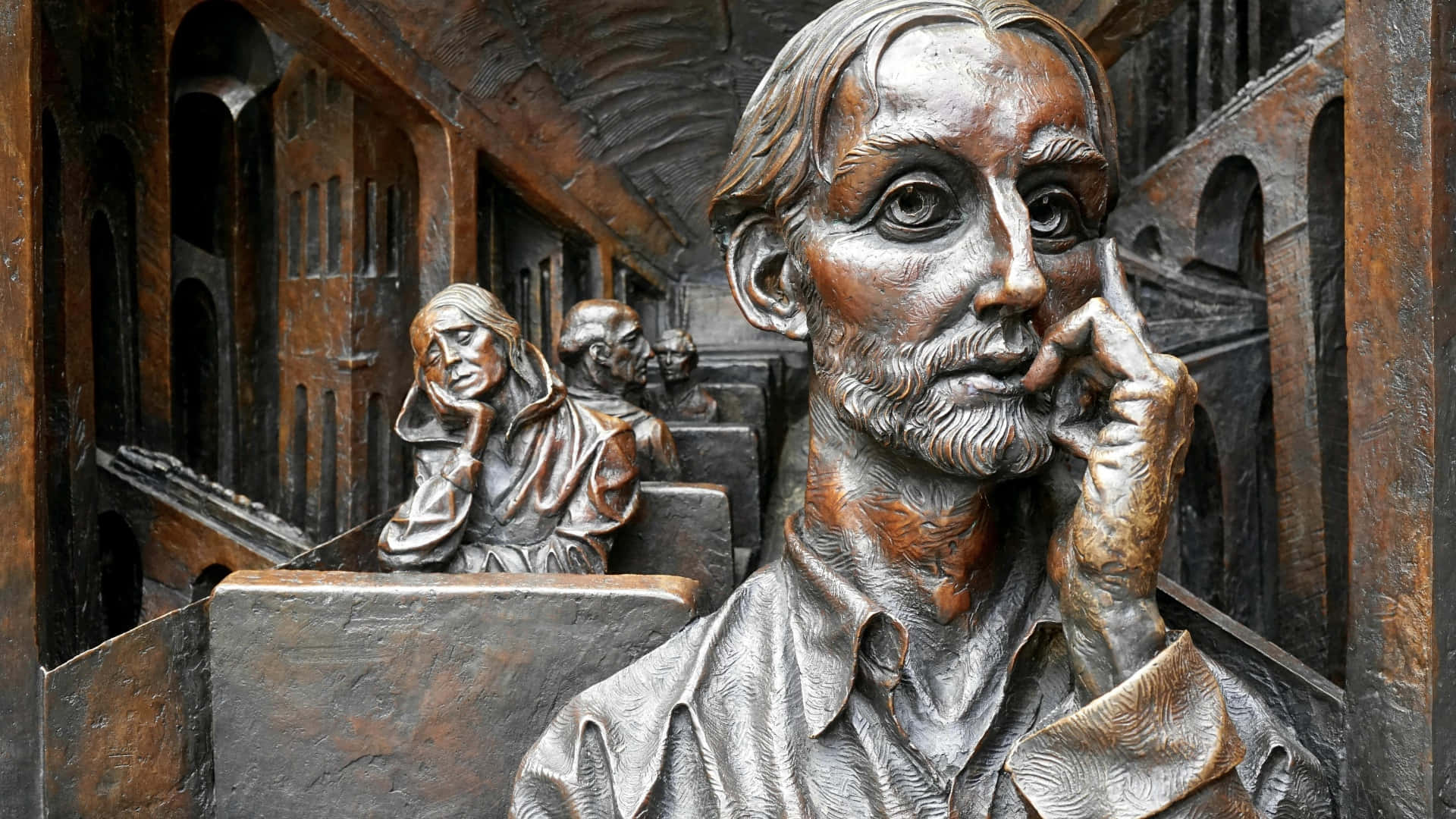 antique bronze sculpture, man with a beard, thoughtful expression, Full HD Desktop Wallpaper