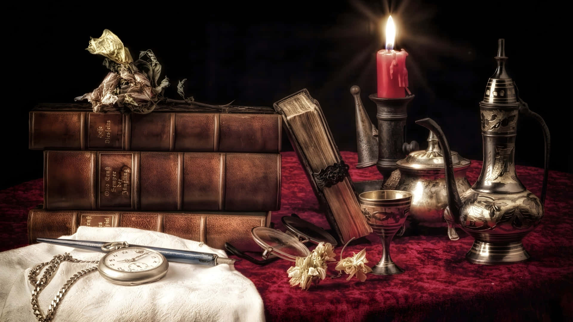 leather books, silverware, dried flowers, Full HD Desktop Wallpaper