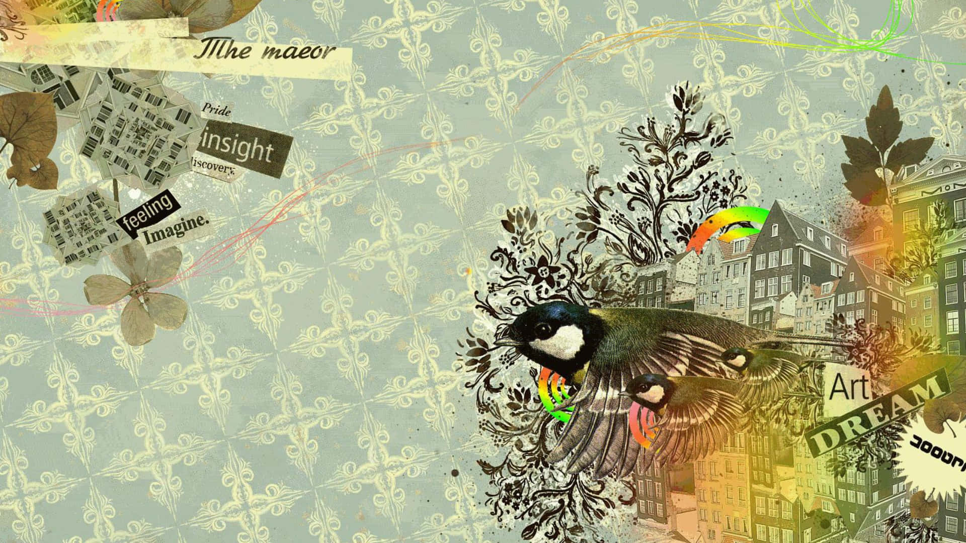 Antique Collage Art, bird, floral patterns, Full HD Desktop Wallpaper