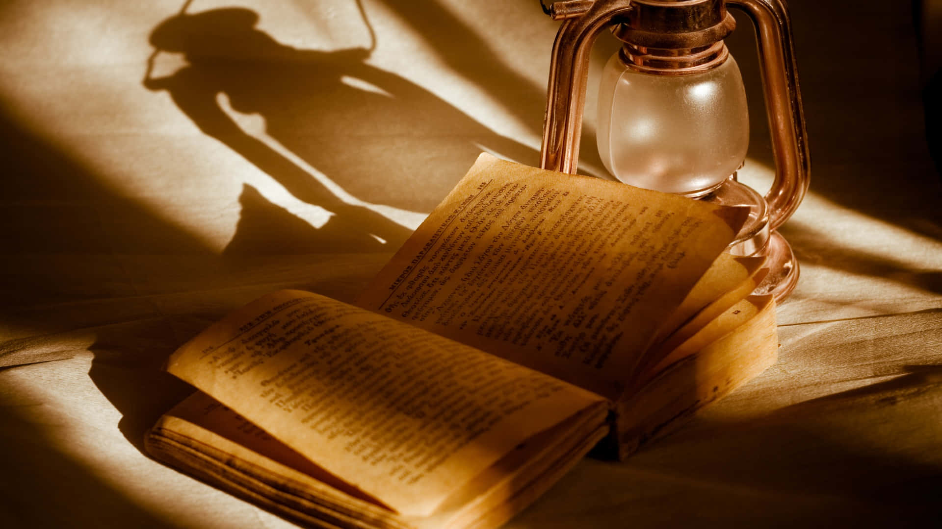vintage brass lantern, open book, wooden surface, Full HD Desktop Wallpaper