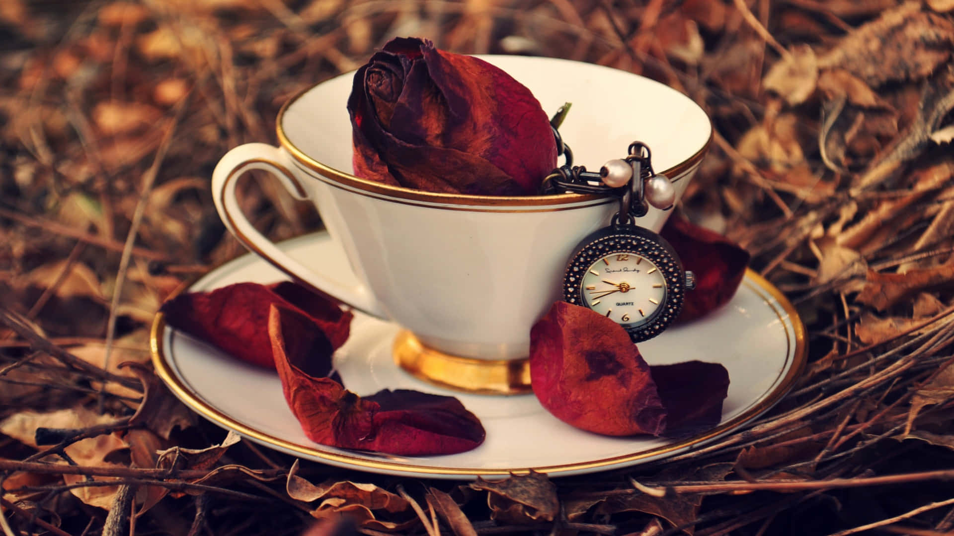 antique teacup, pocket watch, gold trim, Full HD Desktop Wallpaper