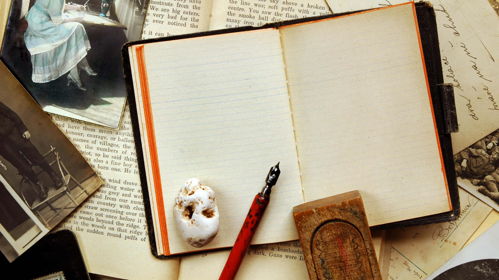 antique writing set, vintage notebook, red fountain pen, Full HD Desktop Wallpaper