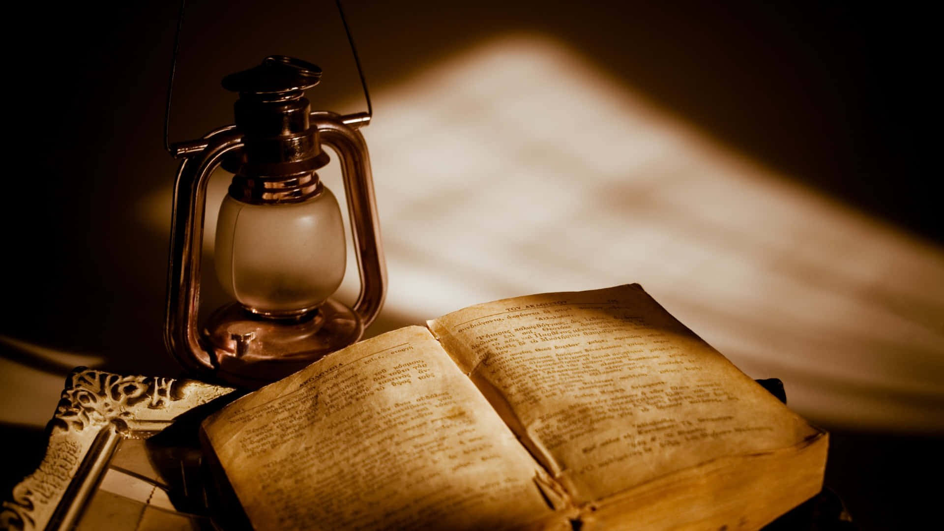 antique lantern, book, ornate table, Full HD Desktop Wallpaper