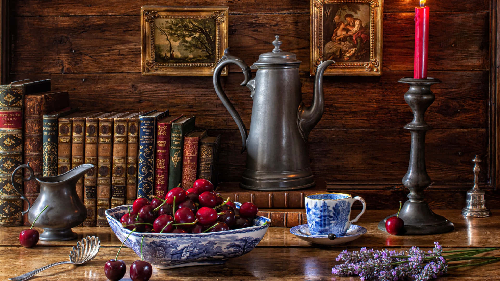 rustic table setting, bowl of glossy red cherries, blue and white porcelain cup teapot, Full HD Desktop Wallpaper