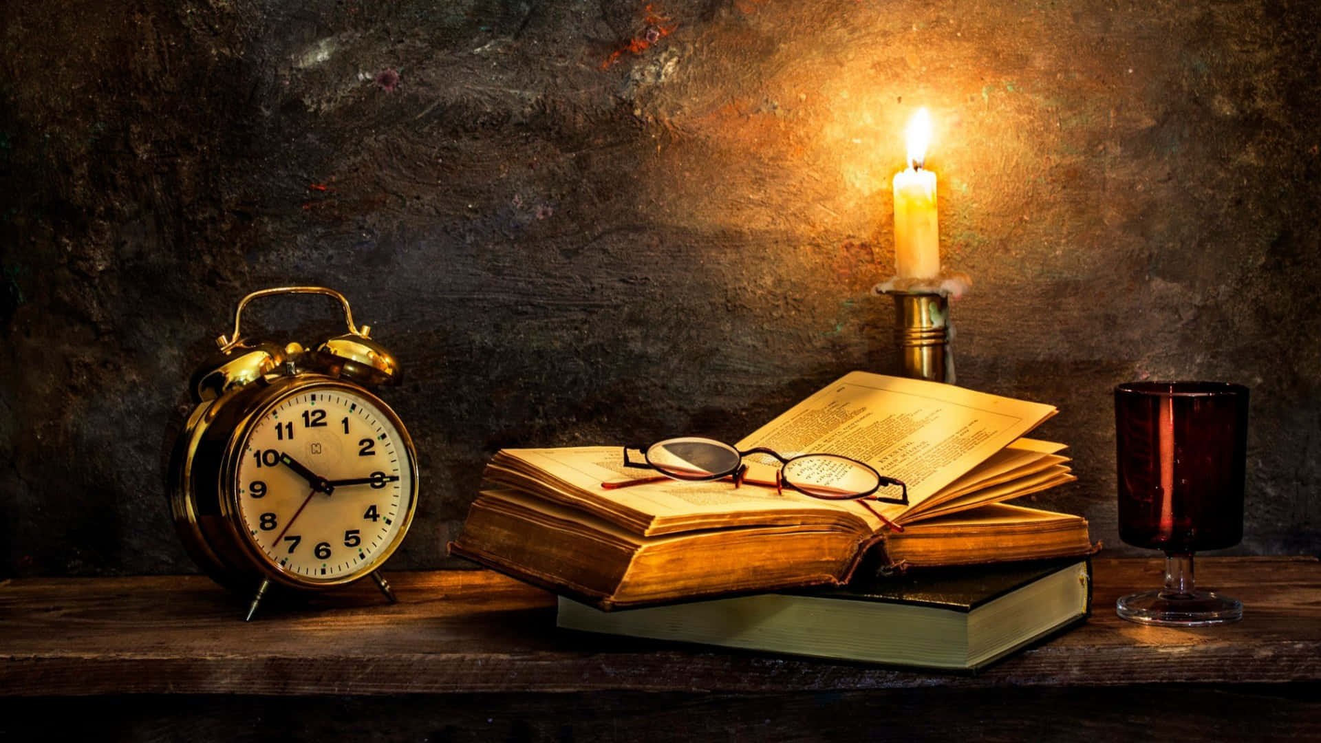 vintage brass alarm clock, open book, reading glasses, Full HD Desktop Wallpaper