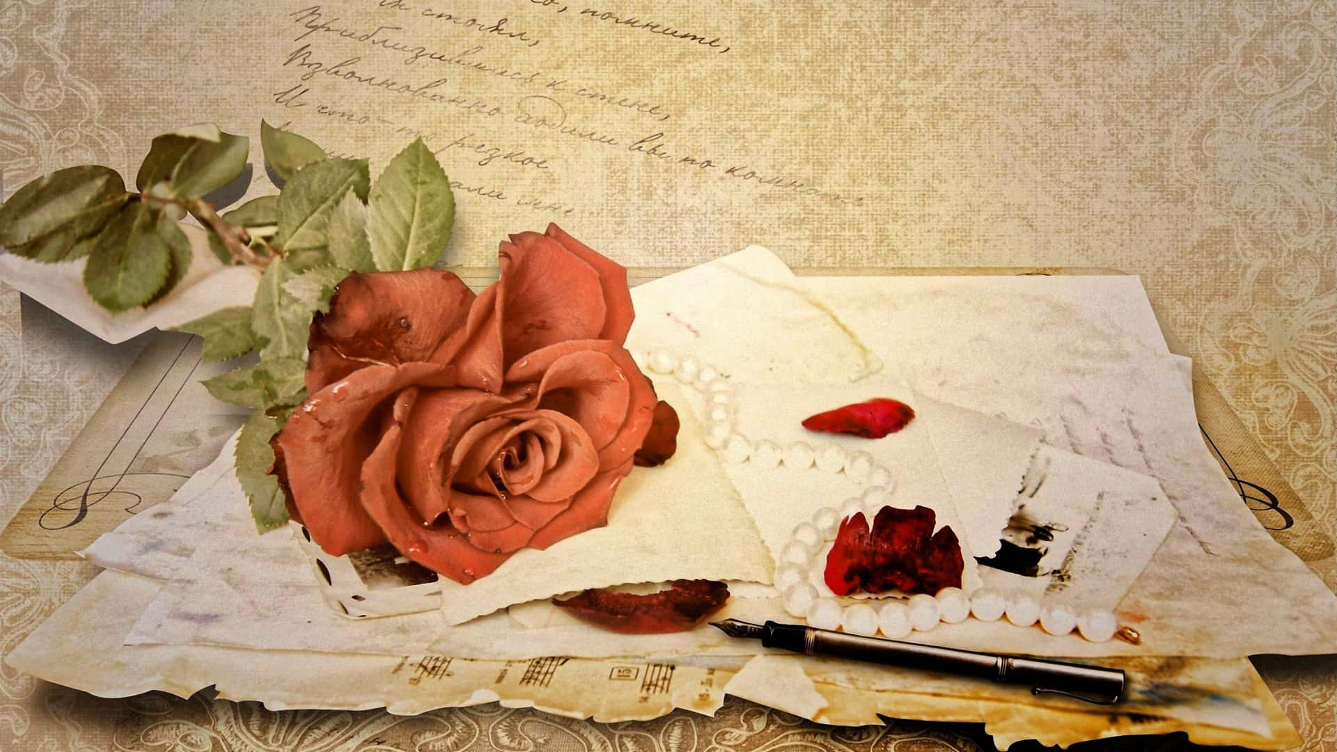terracotta rose, aged papers, handwritten script, Full HD Desktop Wallpaper