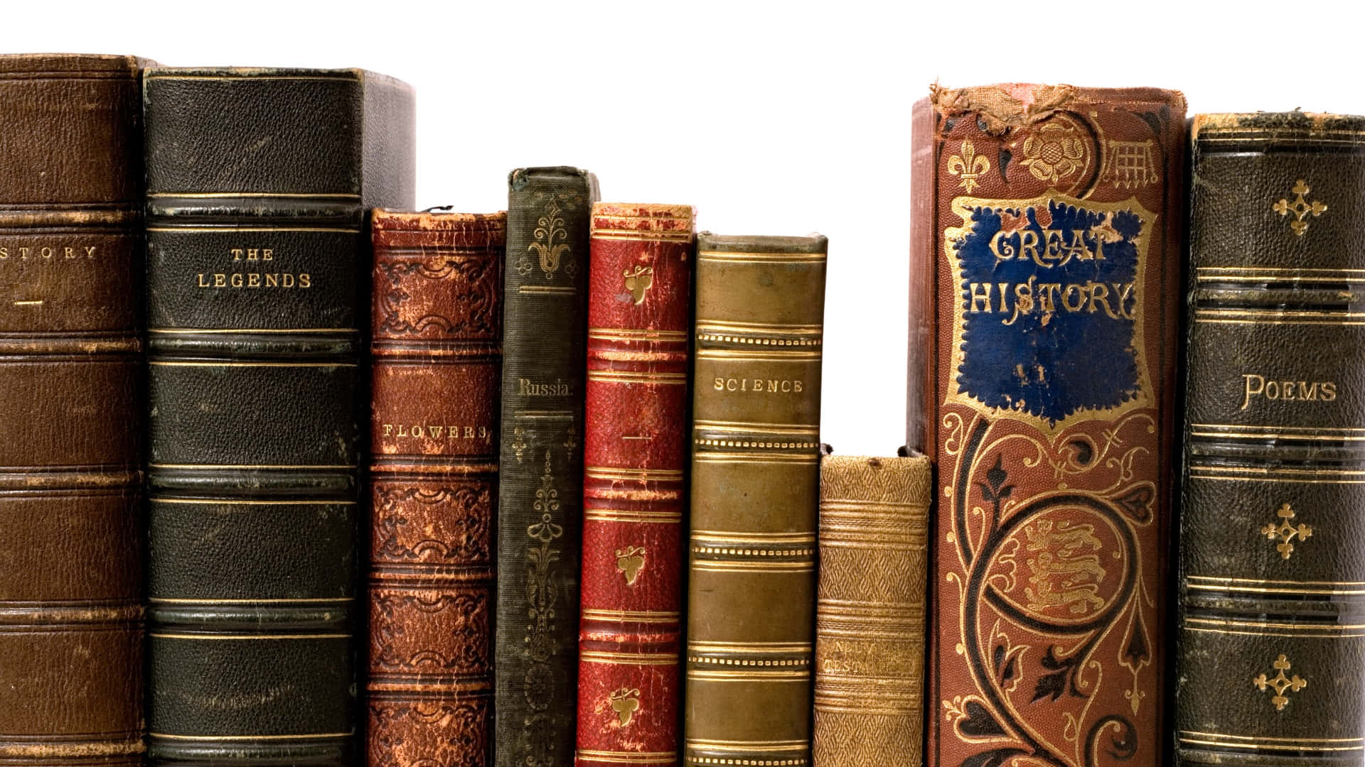 antique leather bound books, vintage leather-bound books, ornate gold embossing, Full HD Desktop Wallpaper