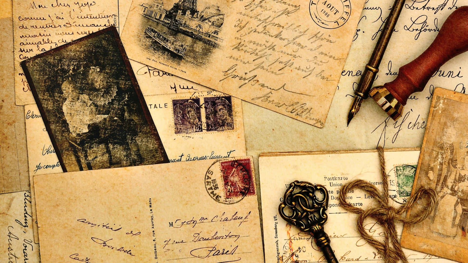 vintage keys, handwritten letters, fountain pen, Full HD Desktop Wallpaper