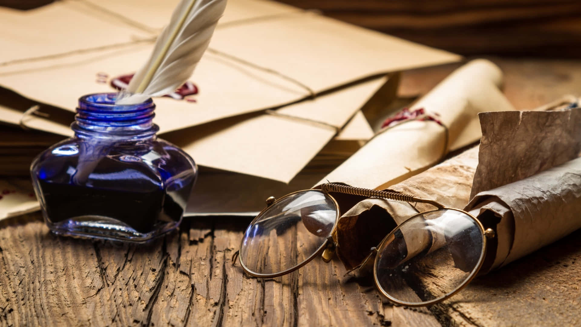 vintage quill pen, blue inkwell, rolled parchment scrolls, Full HD Desktop Wallpaper
