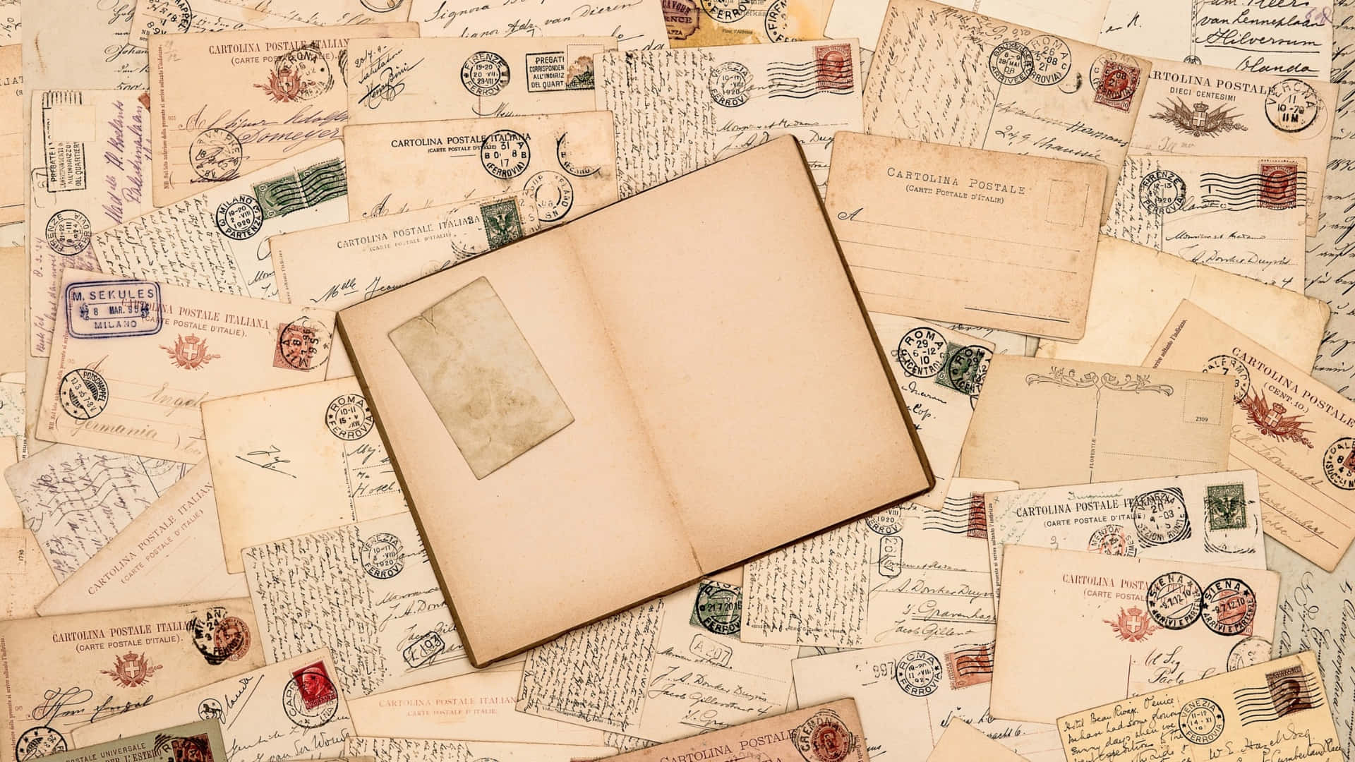 vintage photo album, aged Italian postcards, colorful seals, Full HD Desktop Wallpaper