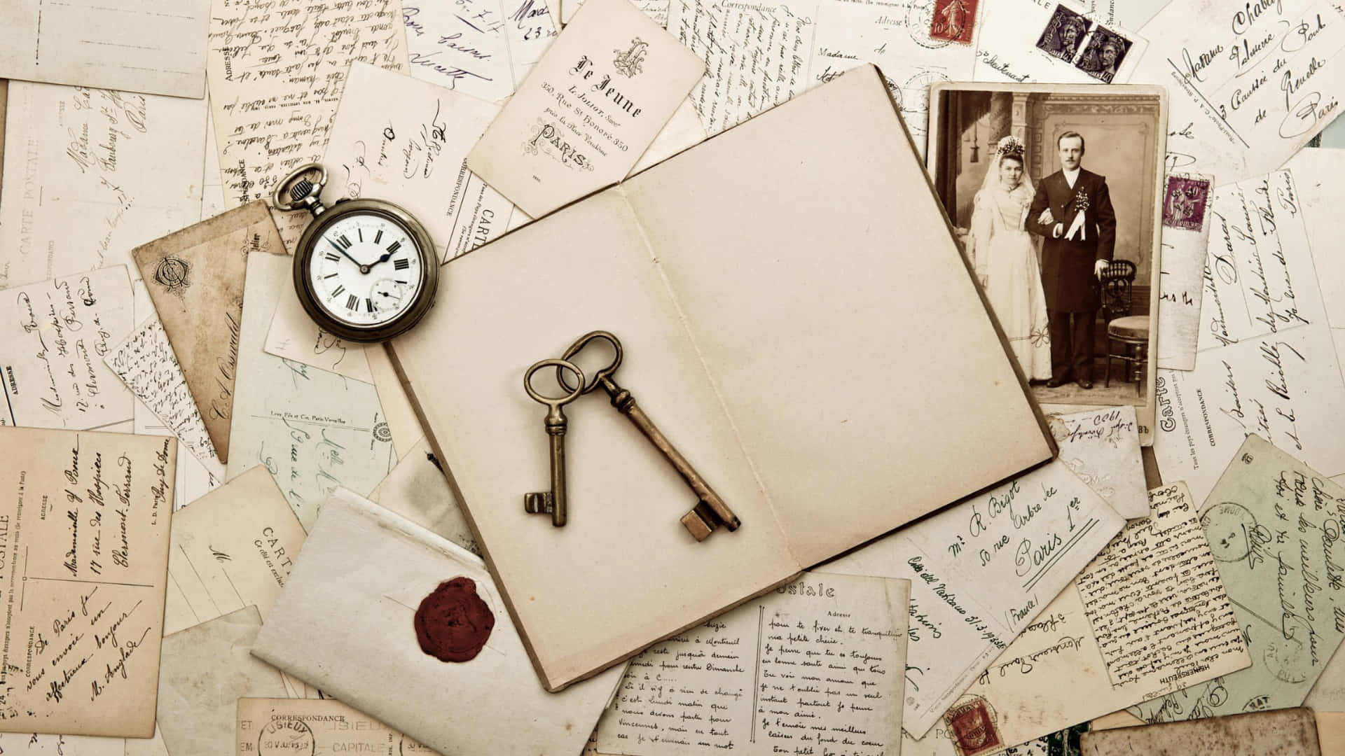vintage book, two keys, handwritten letters, Full HD Desktop Wallpaper