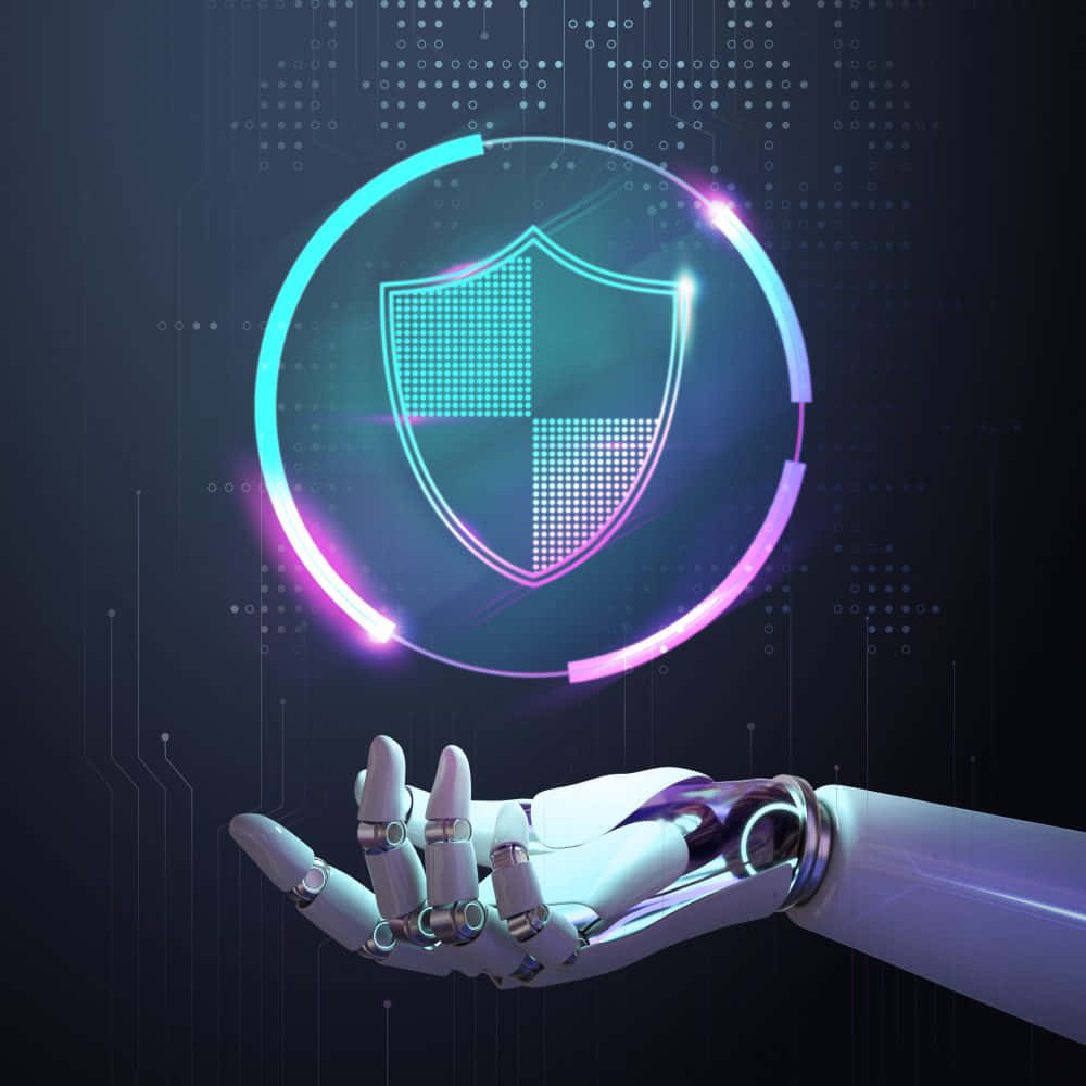 robot hand, glowing holographic shield emblem, dark circuit board background, SD Desktop Wallpaper