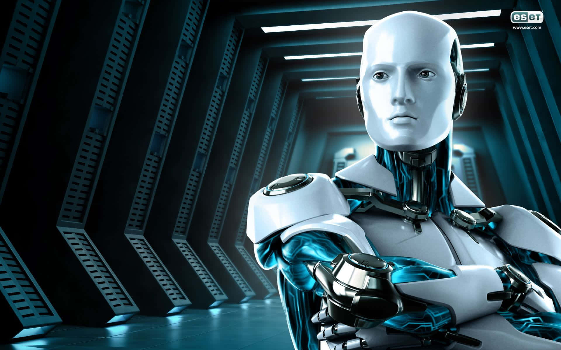 Antivirus, glowing blue internals, futuristic corridor, Full HD Desktop Wallpaper