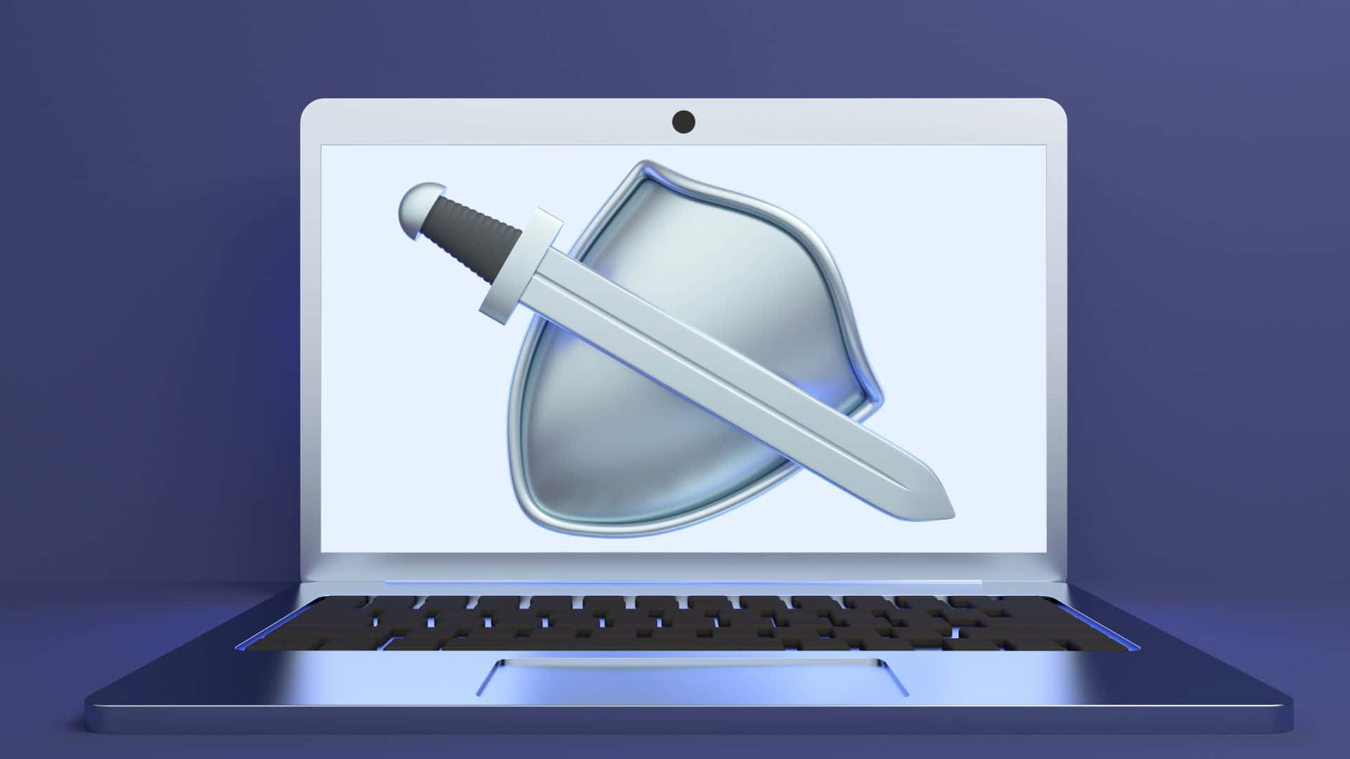 Antivirus, sleek silver laptop, 3d-rendered sword and shield icon, Full HD Desktop Wallpaper