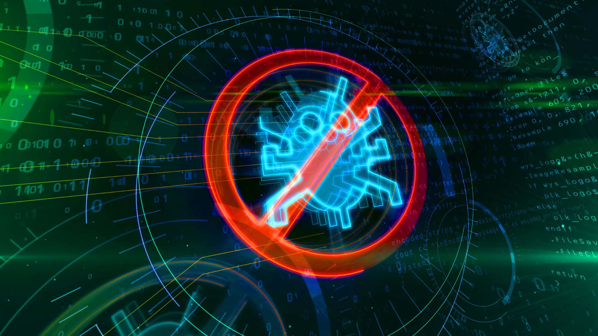 virus icon, glowing blue, crossed out in red, Full HD Desktop Wallpaper