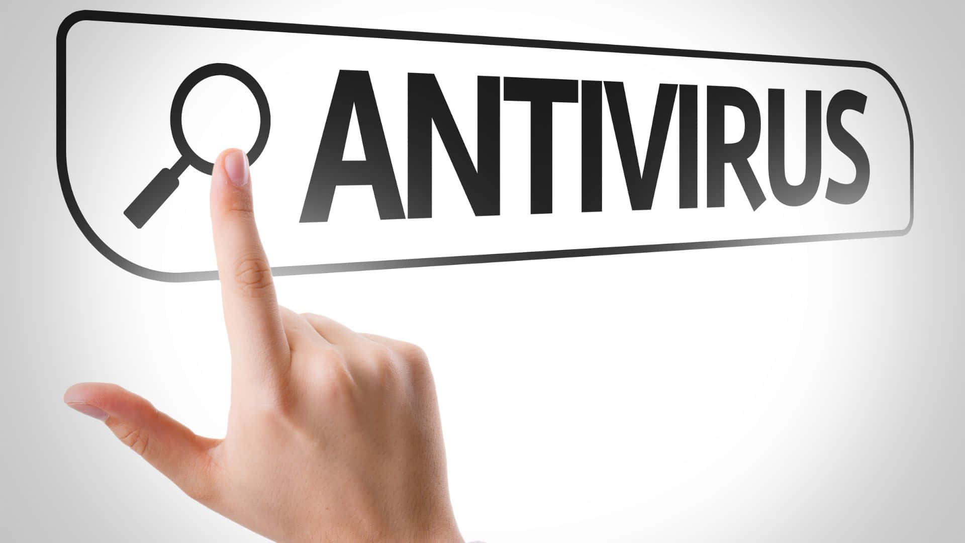 Antivirus, glowing antivirus button, magnifying glass icon, Full HD Desktop Wallpaper