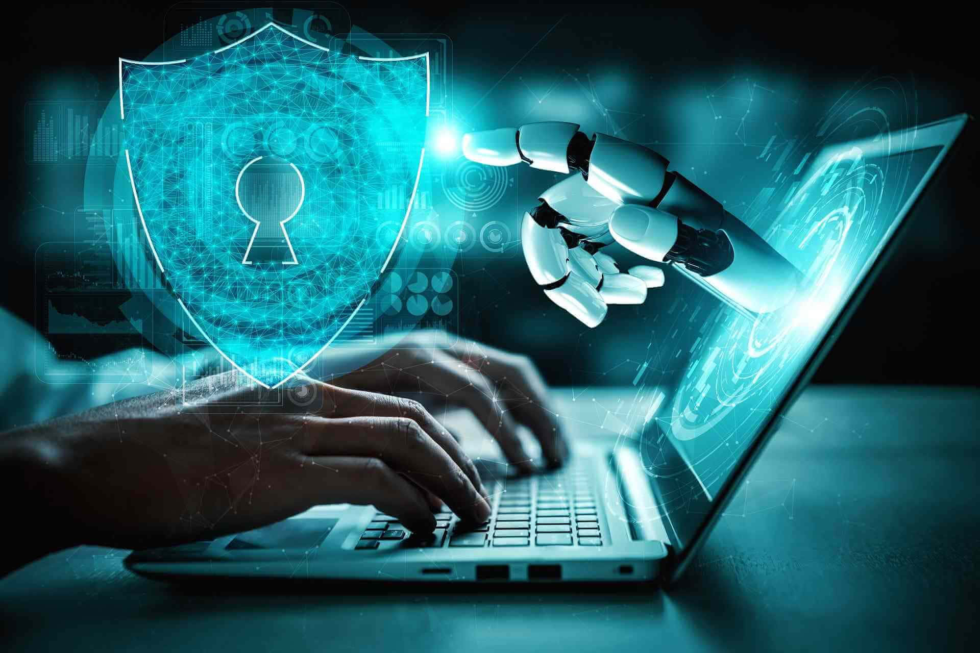 robot hand, laptop, glowing digital shield, Full HD Desktop Wallpaper