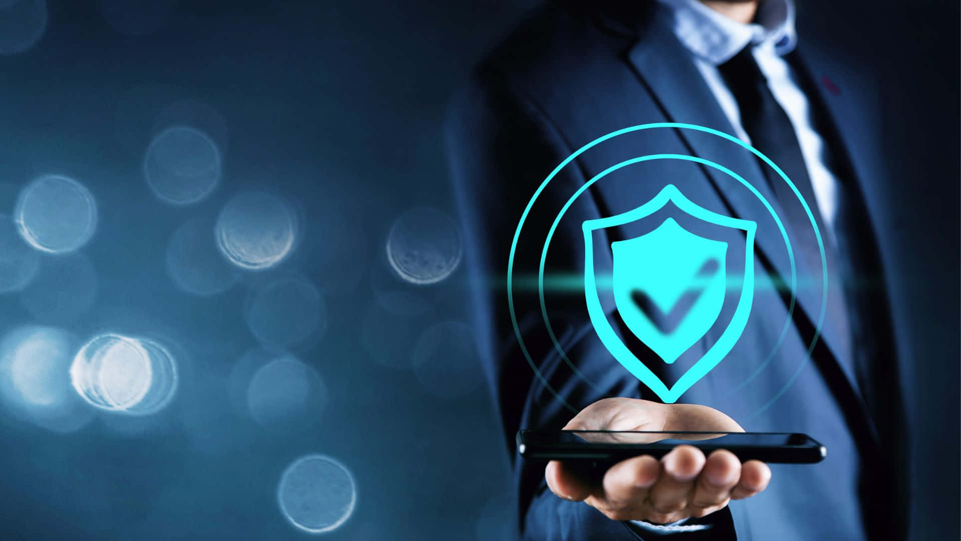 Antivirus, glowing blue shield icon, phone, Full HD Desktop Wallpaper