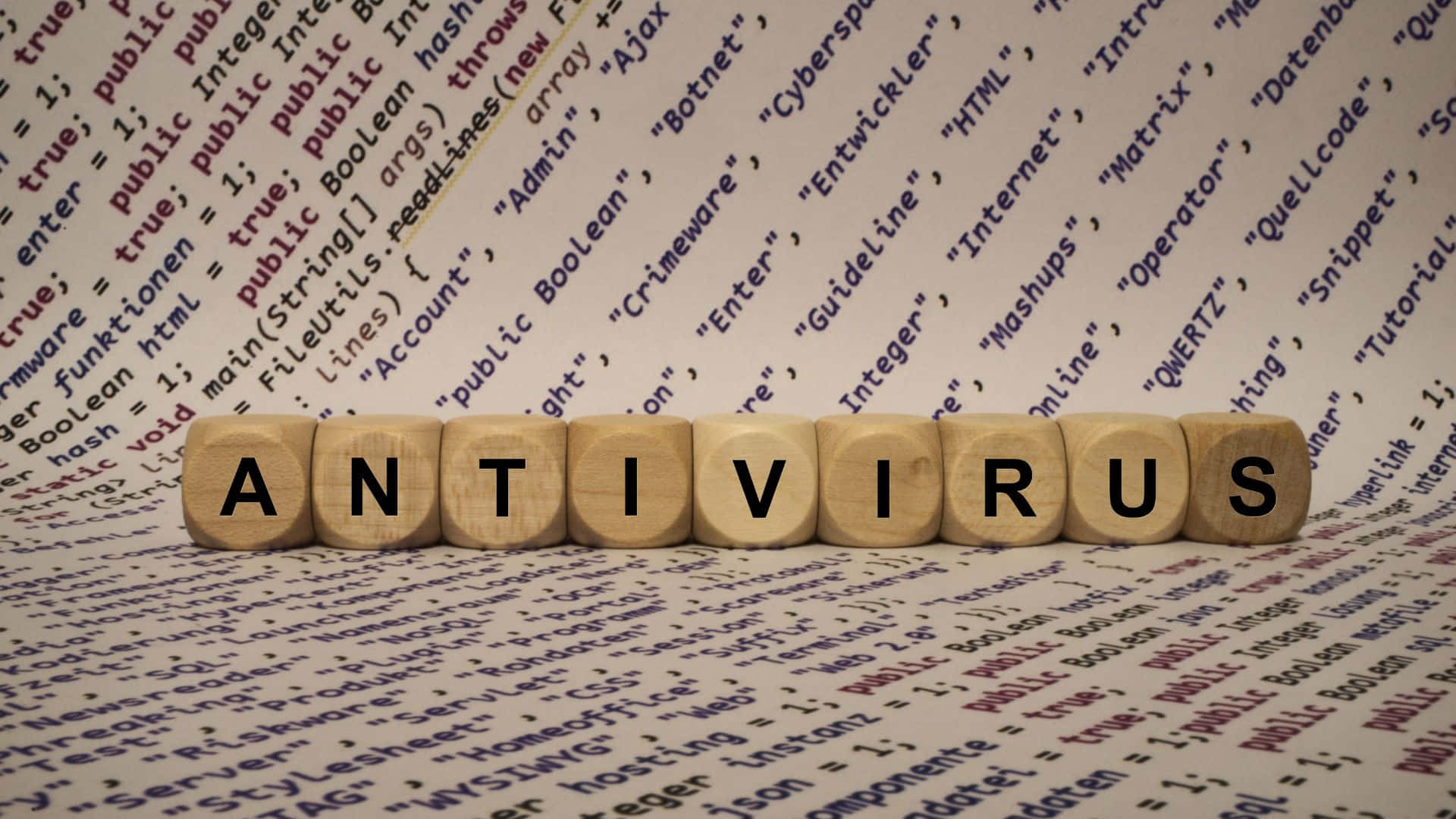 ANTIVIRUS, Wooden blocks, colorful computer code lines, Full HD Desktop Wallpaper