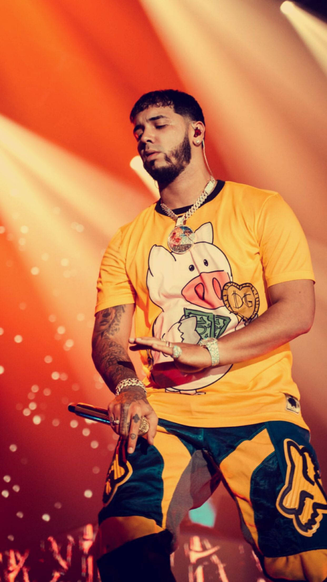 Anuel AA, orange, bright yellow shirt, Full HD Phone Wallpaper