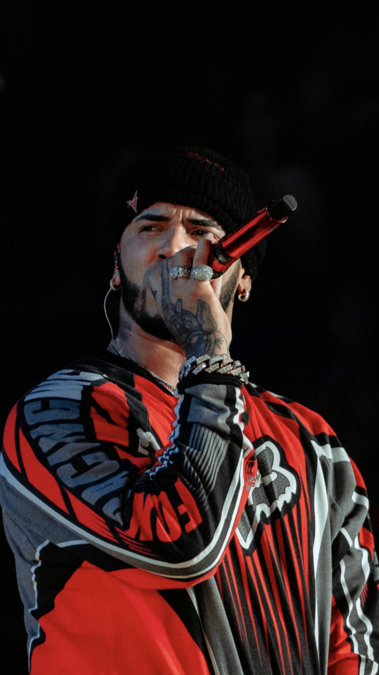 Anuel AA, black beanie, red microphone, Full HD Phone Wallpaper